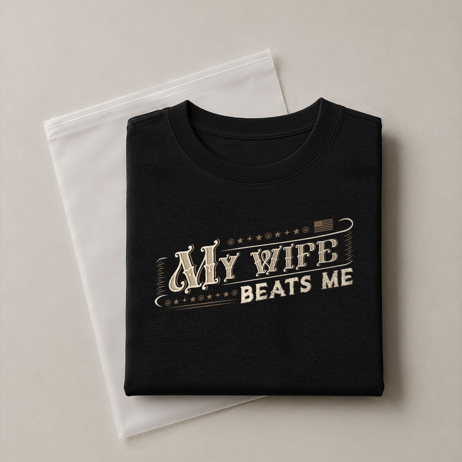 Funny Western Script Quote My Wife Beats Me Men Vintage Graphic Shirt Casual Novelty