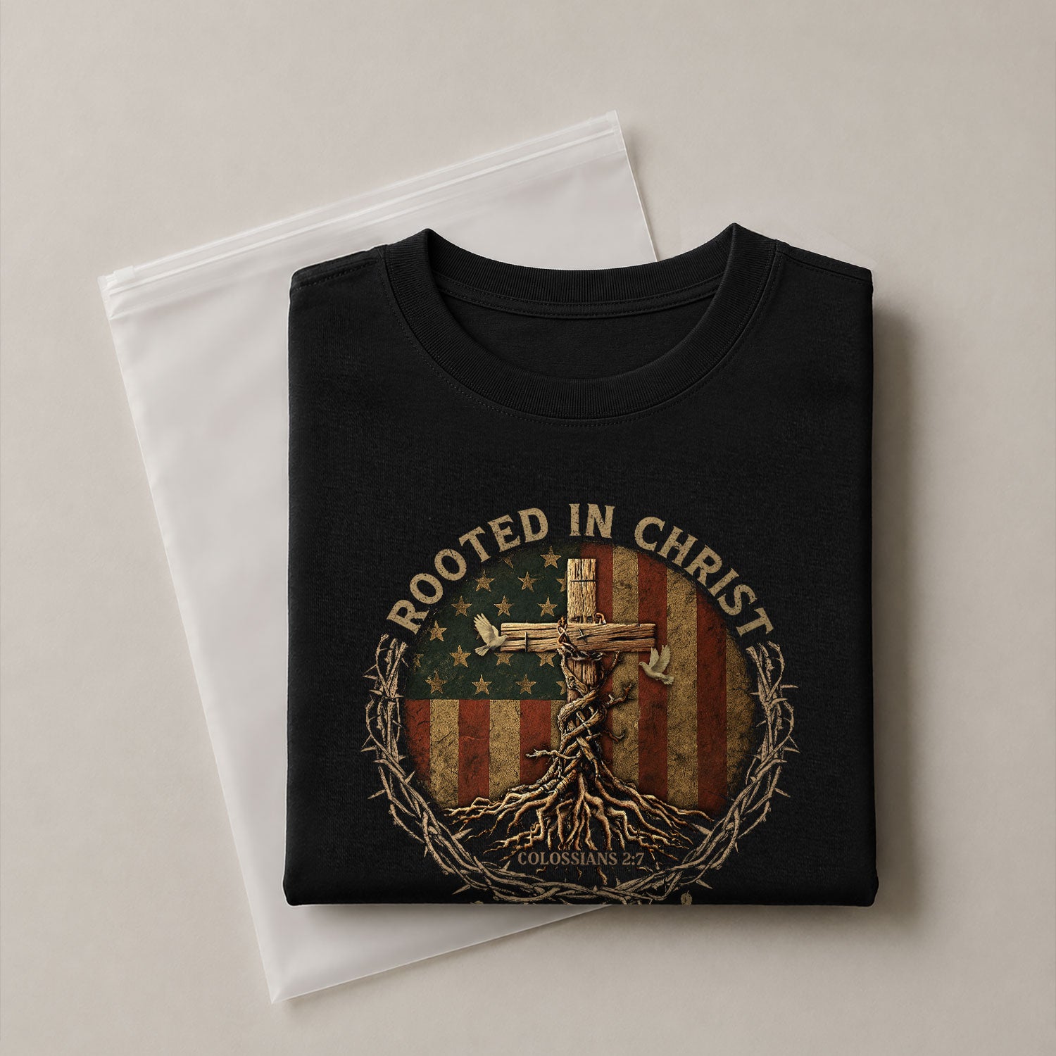 Christian Tee Shirts, Firmly Planted Rooted in Christ (Colossians 2:7) - Christian Shirts for Men - Rust Field Wear