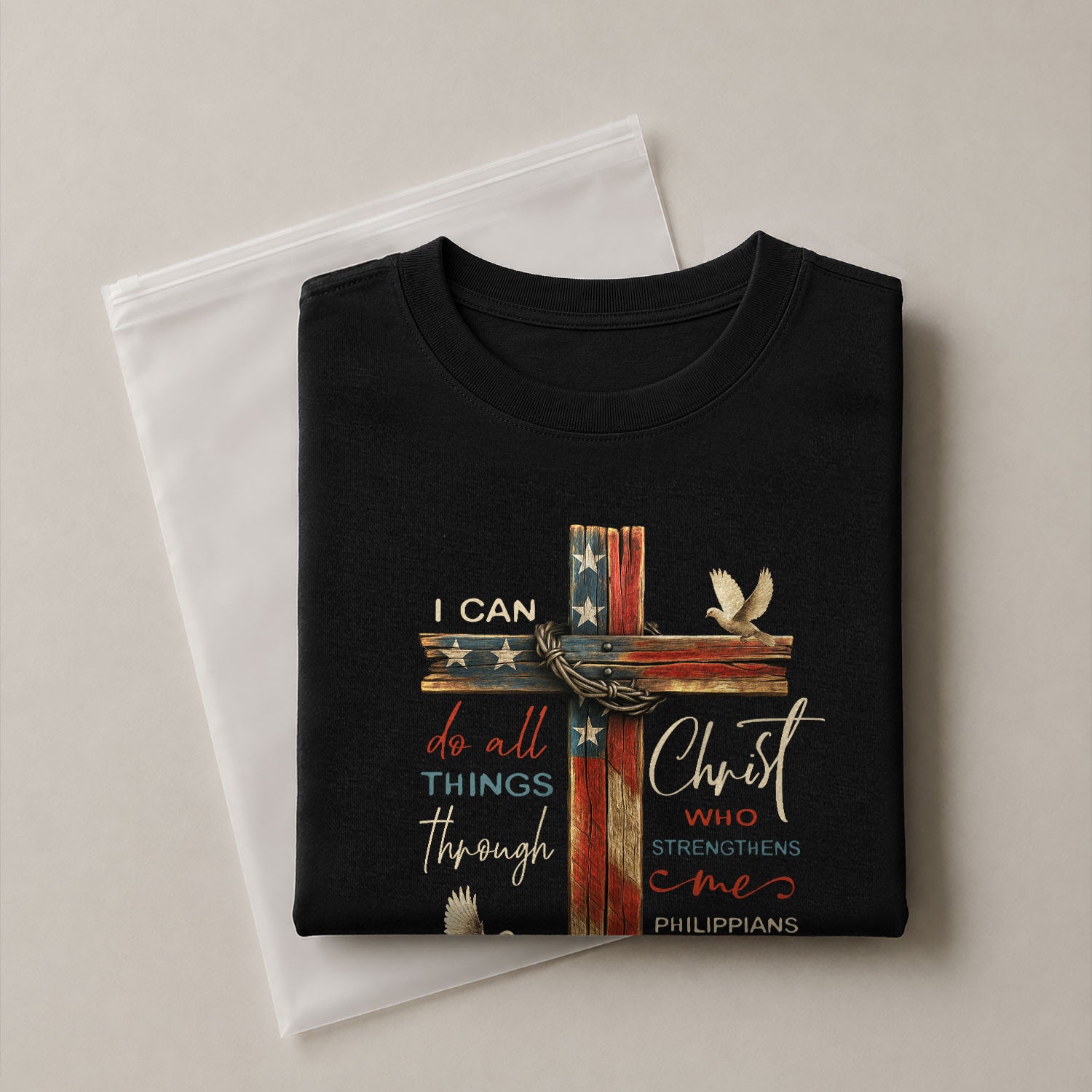 Philippians 4:13 I Can Do All Things Through Christ Flag Cross Christian - Christian Shirts for Men, Faith Based Christian Tee Shirts - Rust Field Wear