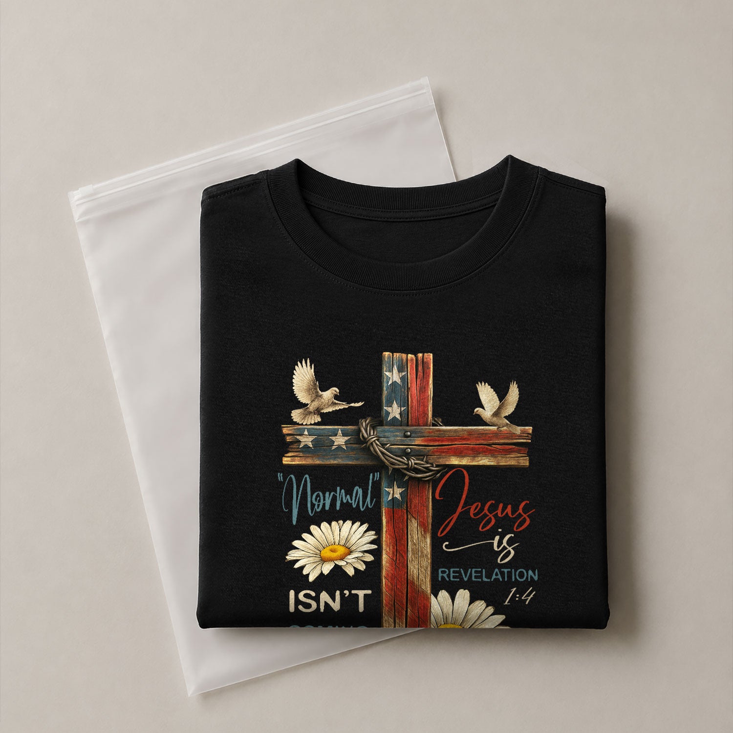 Normal Isn’t Coming Back Jesus Is , Revelation 1:4 Floral USA Flag Cross - Christian Tee Shirts, Christian Shirts for Men - Rust Field Wear