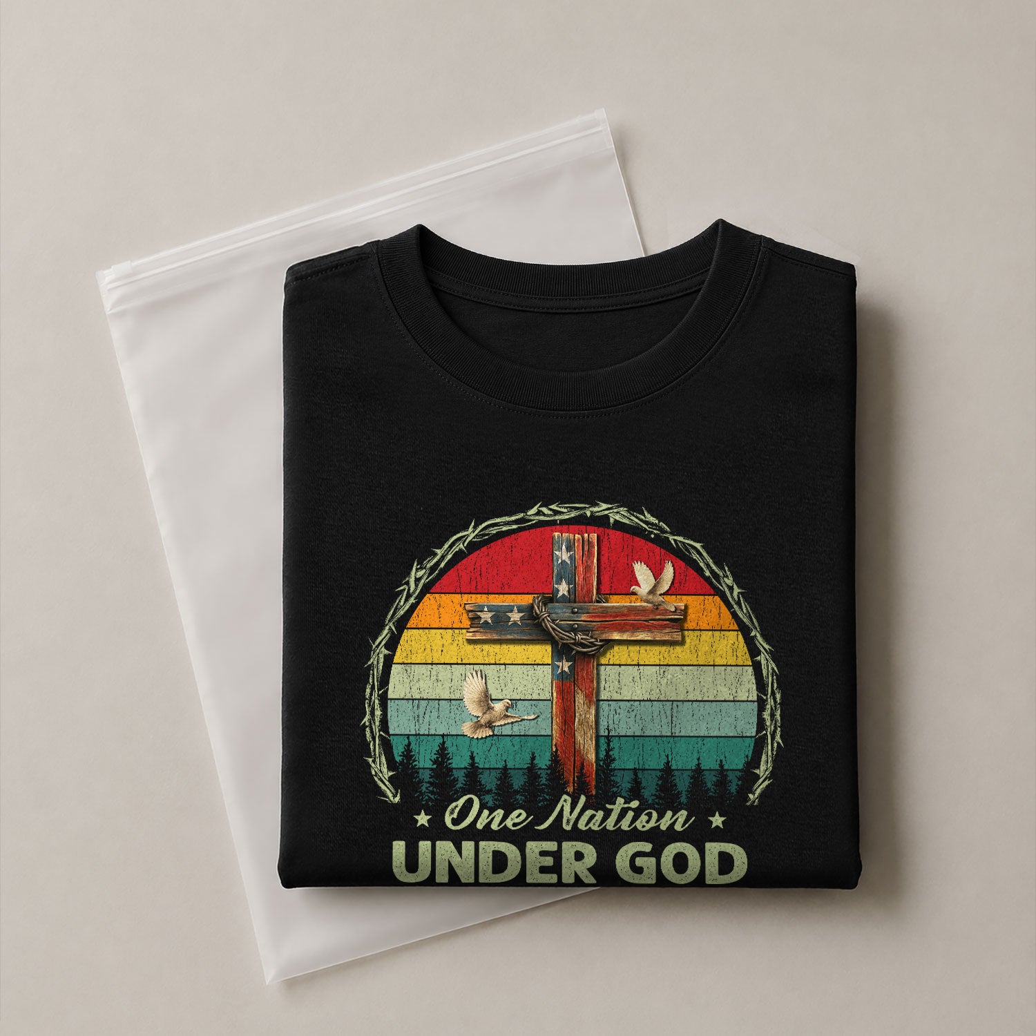 Christian Shirts for Men, One Nation Under God Retro Sunset Cross - Christian Tee Shirts - Rust Field Wear