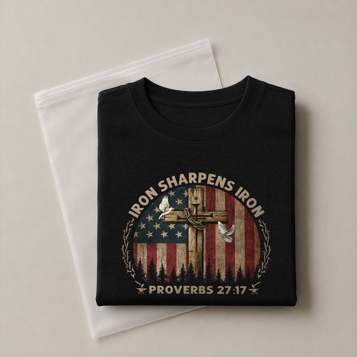 Christian Shirts for Men, Iron Sharpens Iron Proverbs 27:17 and Cross Bold Faithwear - Christian Tee Shirts - Rust Field Wear