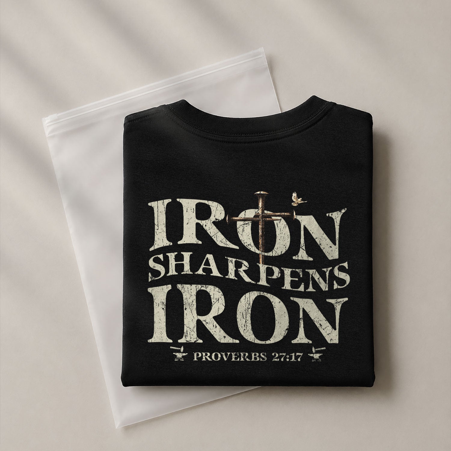 Christian Tee Shirts, Iron Sharpens Iron , Christian Cross and American Flag - Christian Shirts for Men - Rust Field Wear
