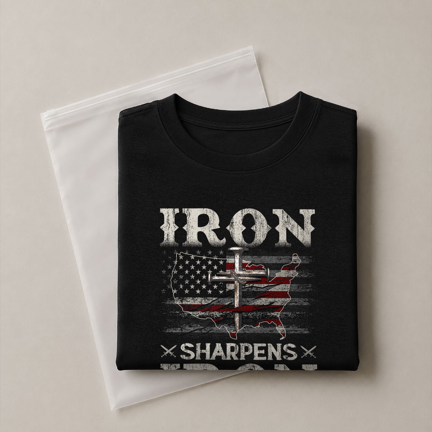 Faith Based Christian Tee Shirts, Iron Sharpens Iron Proverbs 27:17 USA Faith Warrior - Christian Shirts for Men - Rust Field Wear