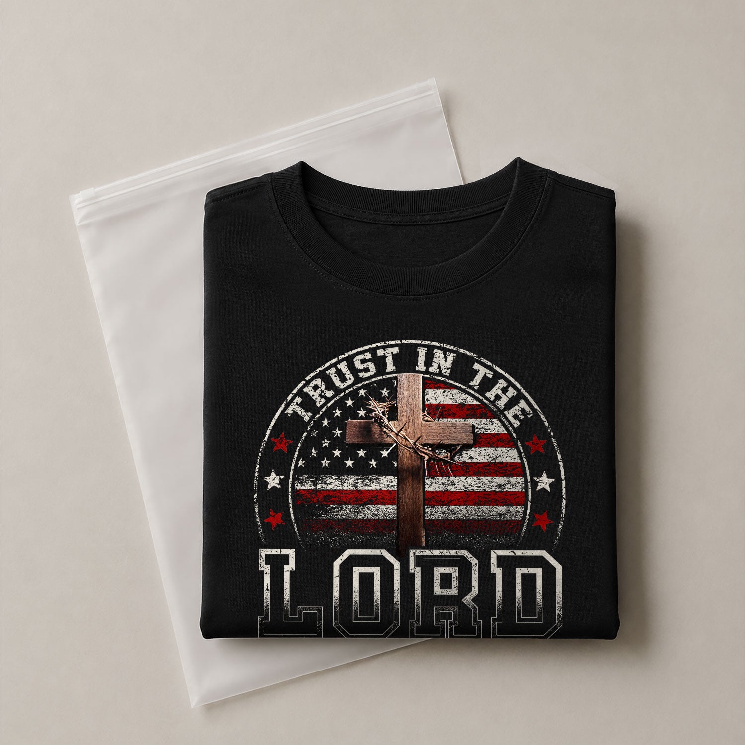 Faith Based Christian Tee Shirts, Trust In The Lord Christian American Flag Cross - Christian Shirts for Men - Rust Field Wear