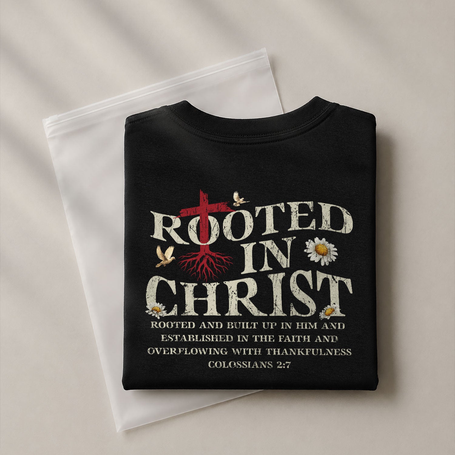 Rooted in Christ Back Print Colossians 2:7, Christian Tee Shirts - Faith Shirts for Men - Rust Field Wear