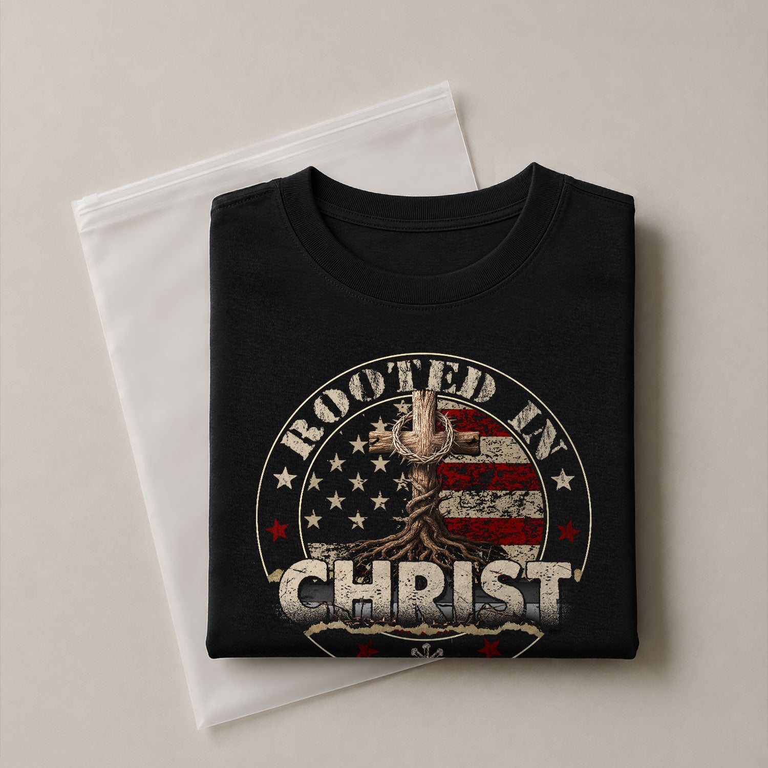 Faith Based Christian Tee Shirts, Rooted in Christ American Flag and Cross - Christian Shirts for Men - Rust Field Wear