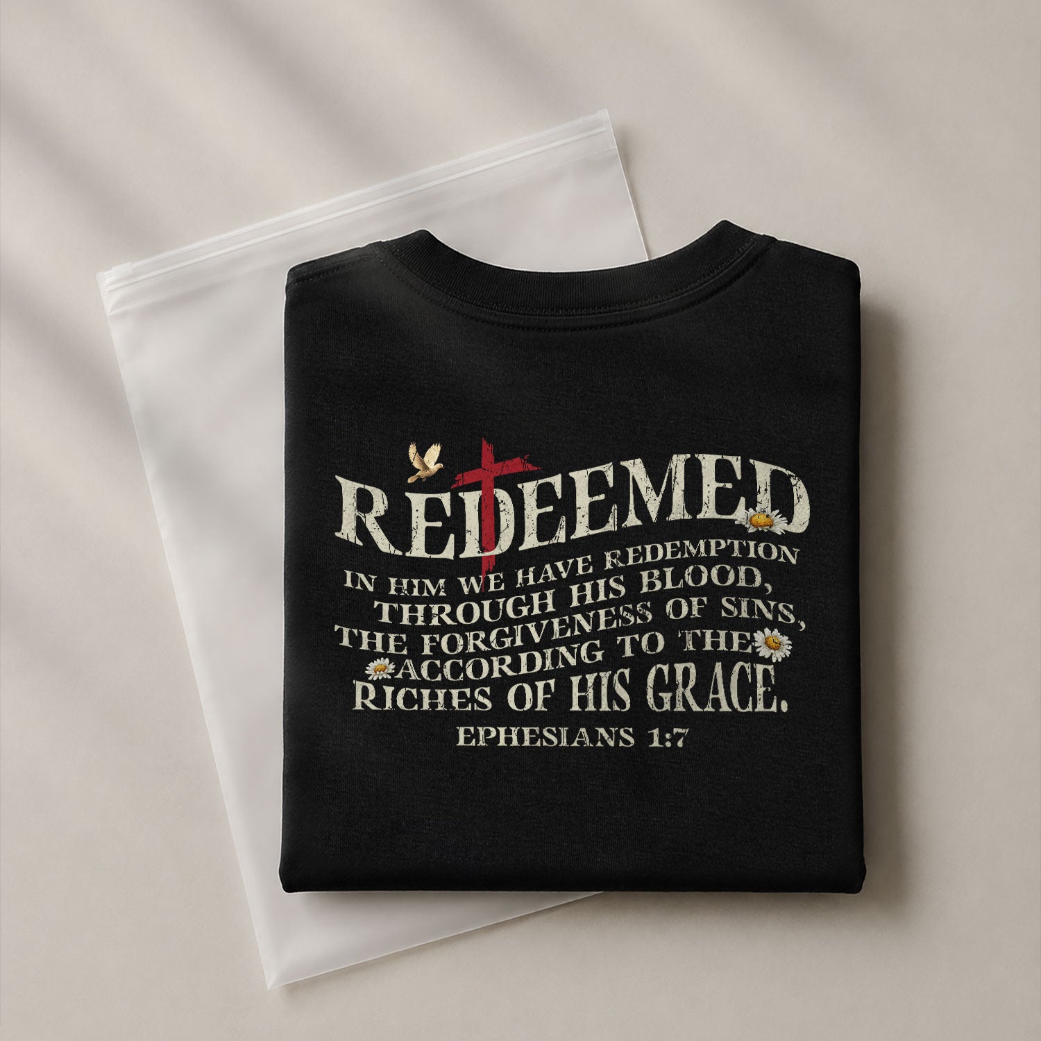 Redeemed Christian Ephesians 1:7 American Flag Cross Design - Christian Tee Shirts, Christian Shirts for Men - Rust Field Wear