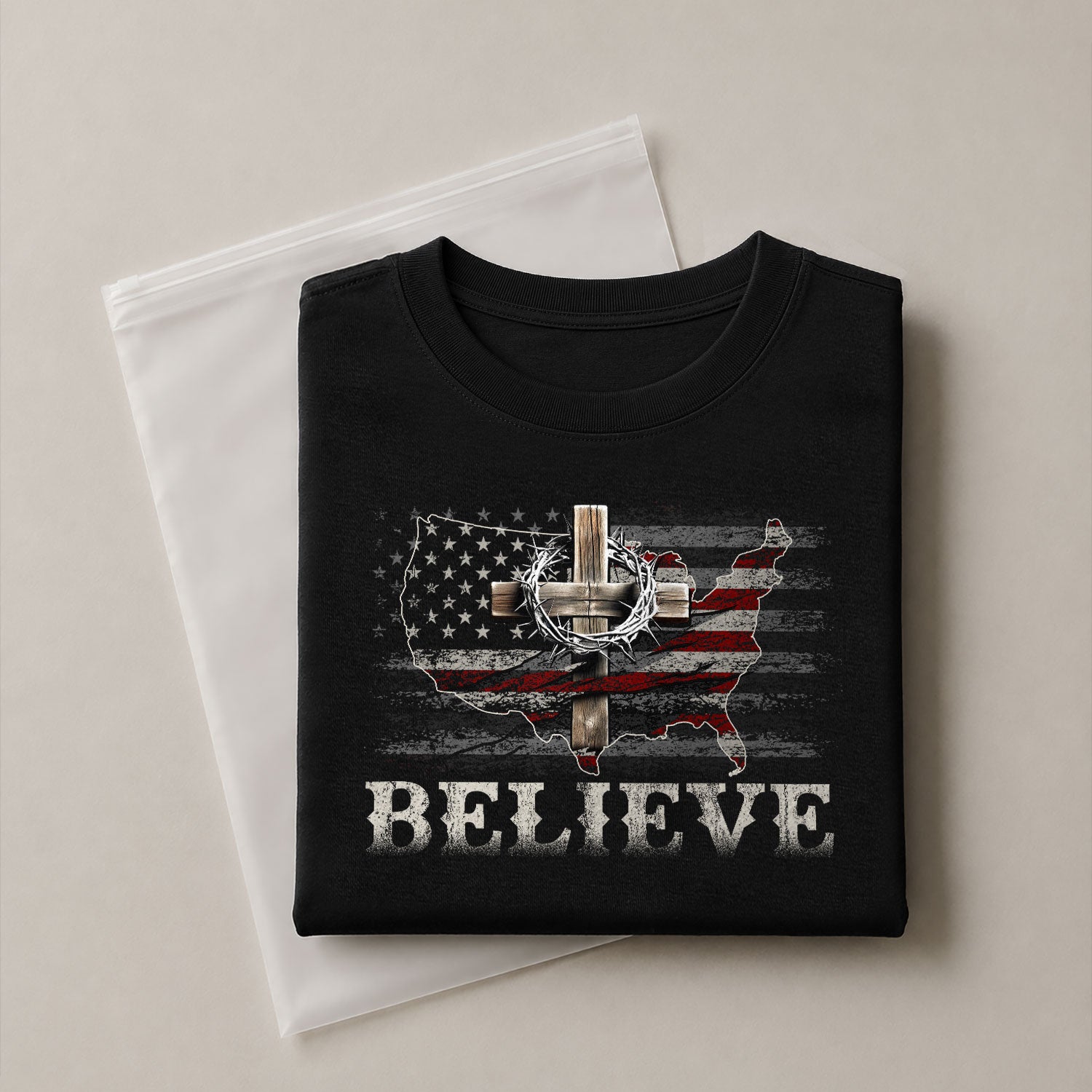 Christian Tee Shirts, Believe USA Flag Cross - Christian Shirts for Men - Rust Field Wear