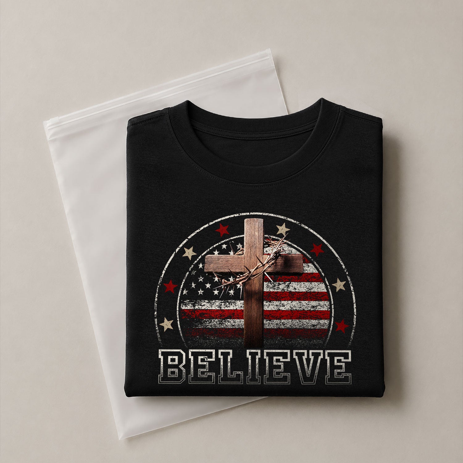 Believe American Flag and Cross Christian - Christian Tee Shirts, Christian Shirts for Men - Rust Field Wear