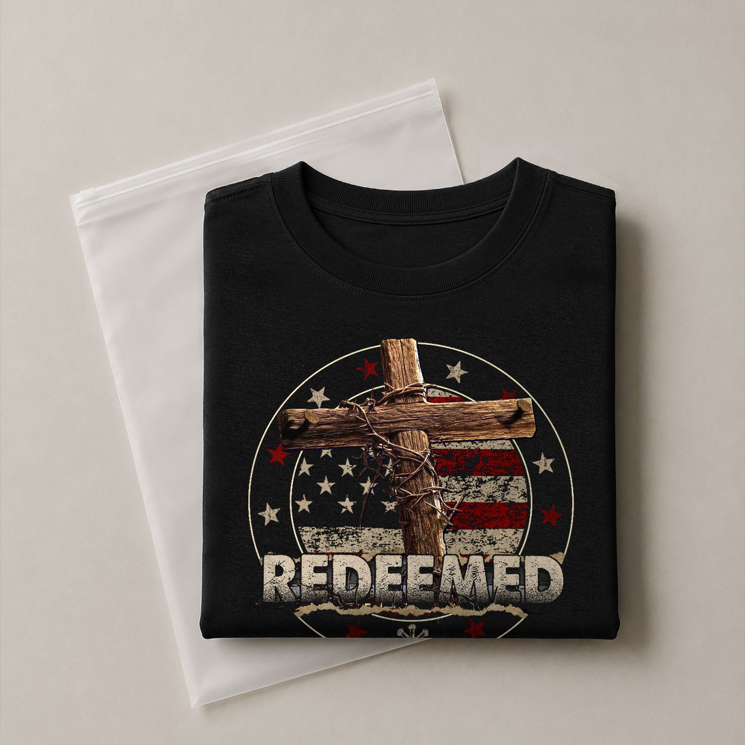 Redeemed Cross Christian American Flag Faith - Christian Shirts for Men, Faith Based Christian Tee Shirts - Rust Field Wear