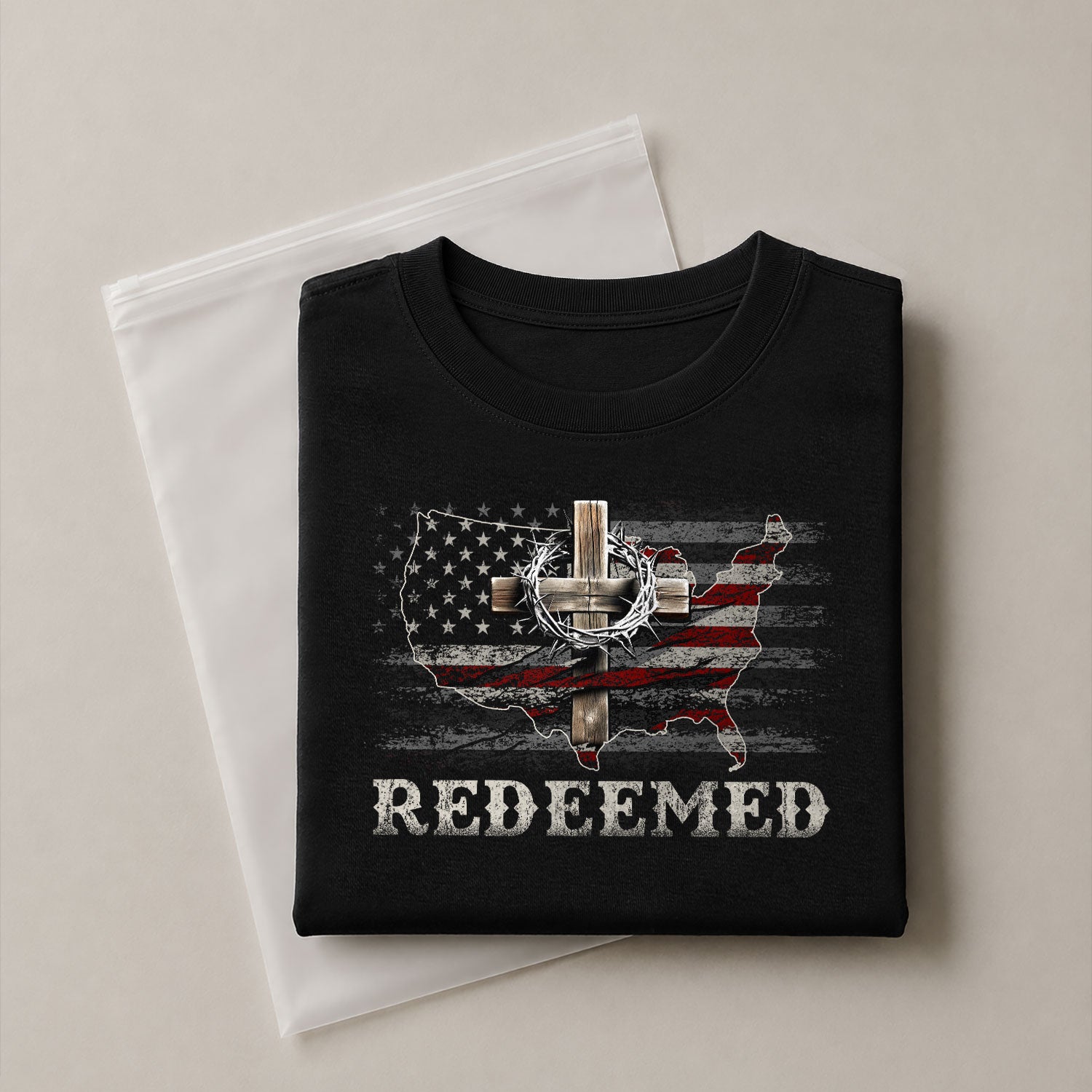 Christian Shirts for Men - Redeemed USA Flag Cross Christian, Christian Tee Shirts - Rust Field Wear