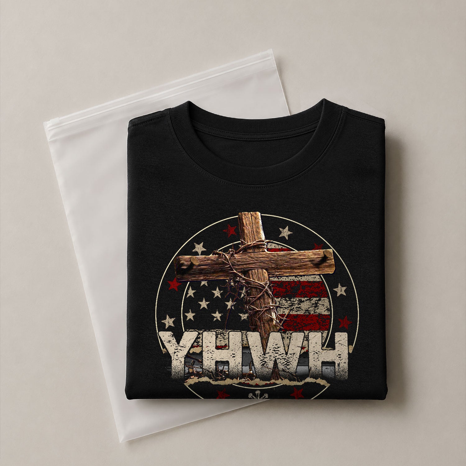 Christian Shirts for Men, YHWH American Flag Cross Christian Faith - Christian Tee Shirts - Rust Field Wear