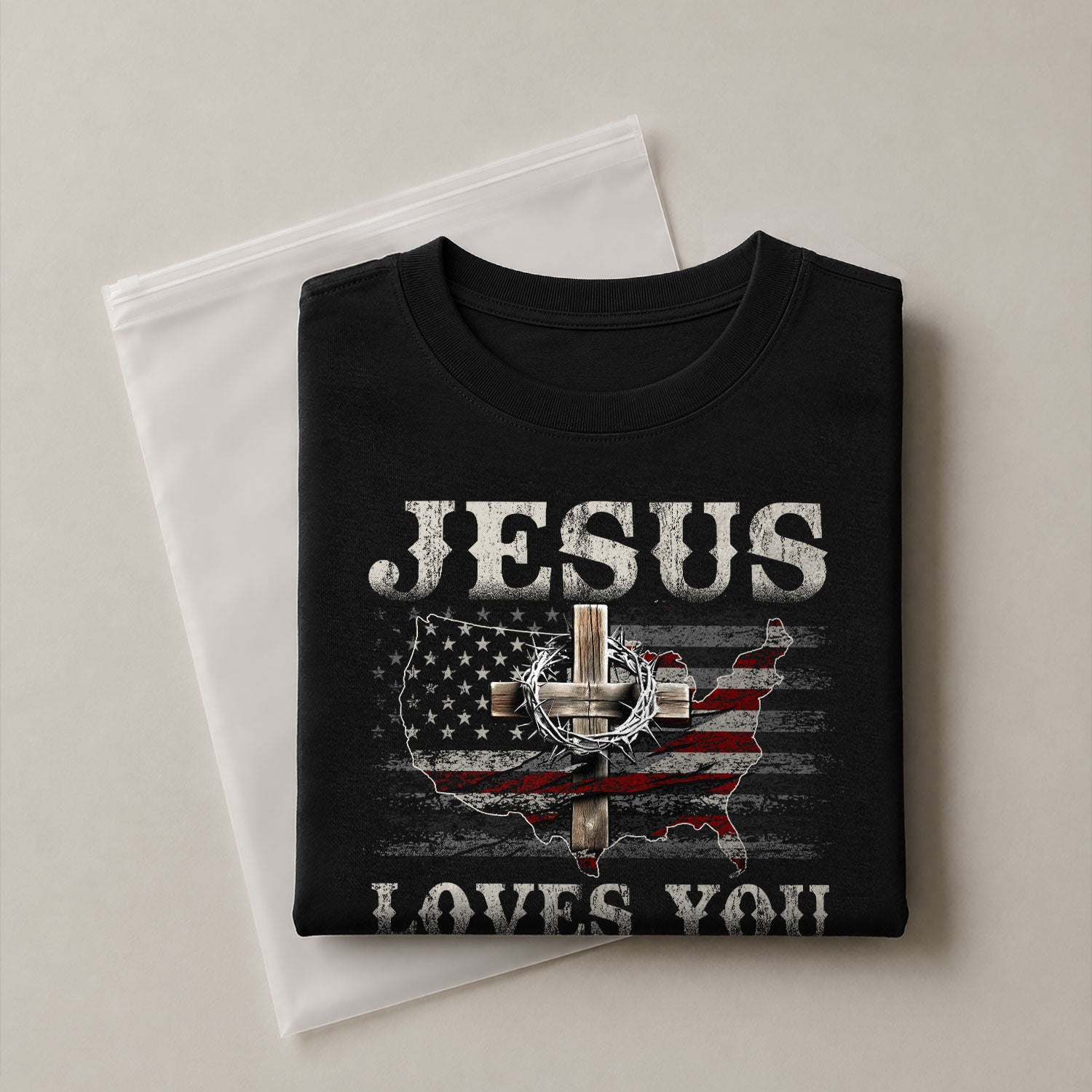 Faith Based Christian Tee Shirts, Jesus Loves You American Flag Cross - Christian Shirts for Men - Rust Field Wear