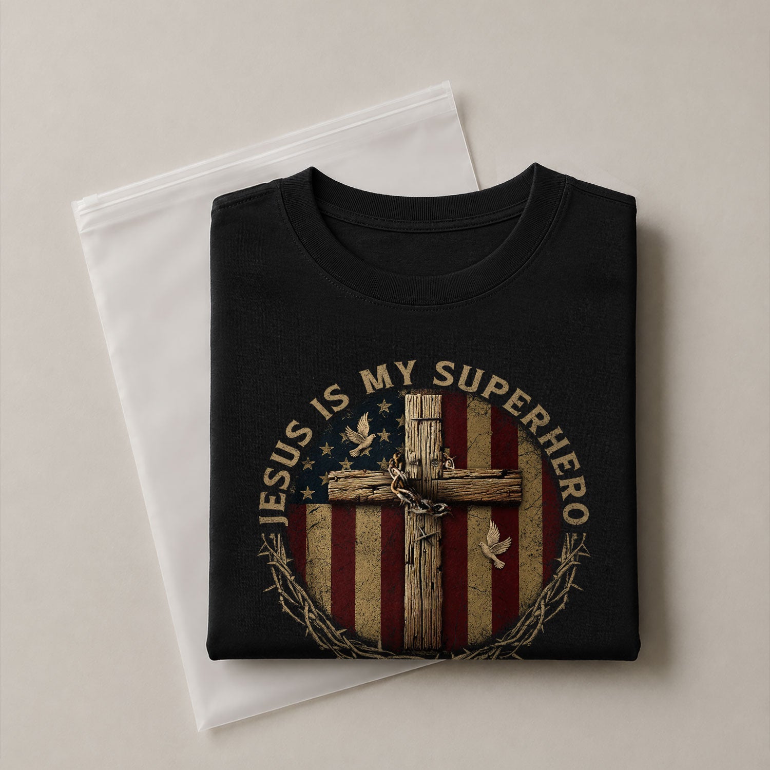 Christian Shirts for Men, Jesus Is My Superhero Wooden Cross and Flag - Christian Tee Shirts - Rust Field Wear