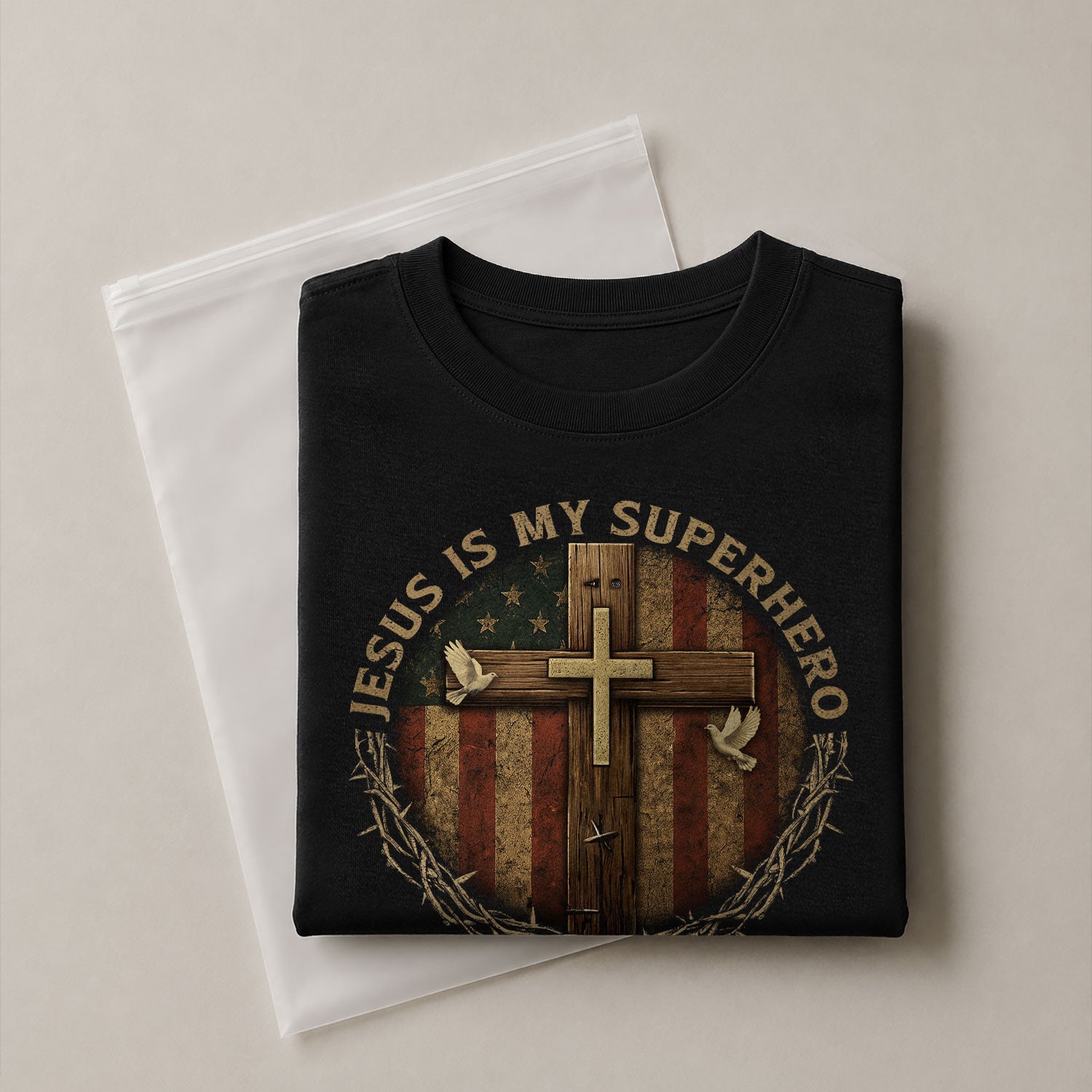 Jesus Is My Superhero Patriotic Cross, Christian Tee Shirts - Faith Shirts for Men - Rust Field Wear