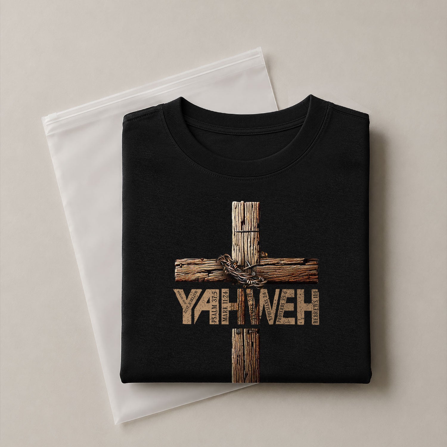 Christian Shirts for Men - Yahweh Cross with Bible Verse Wooden Design, Christian Tee Shirts - Rust Field Wear