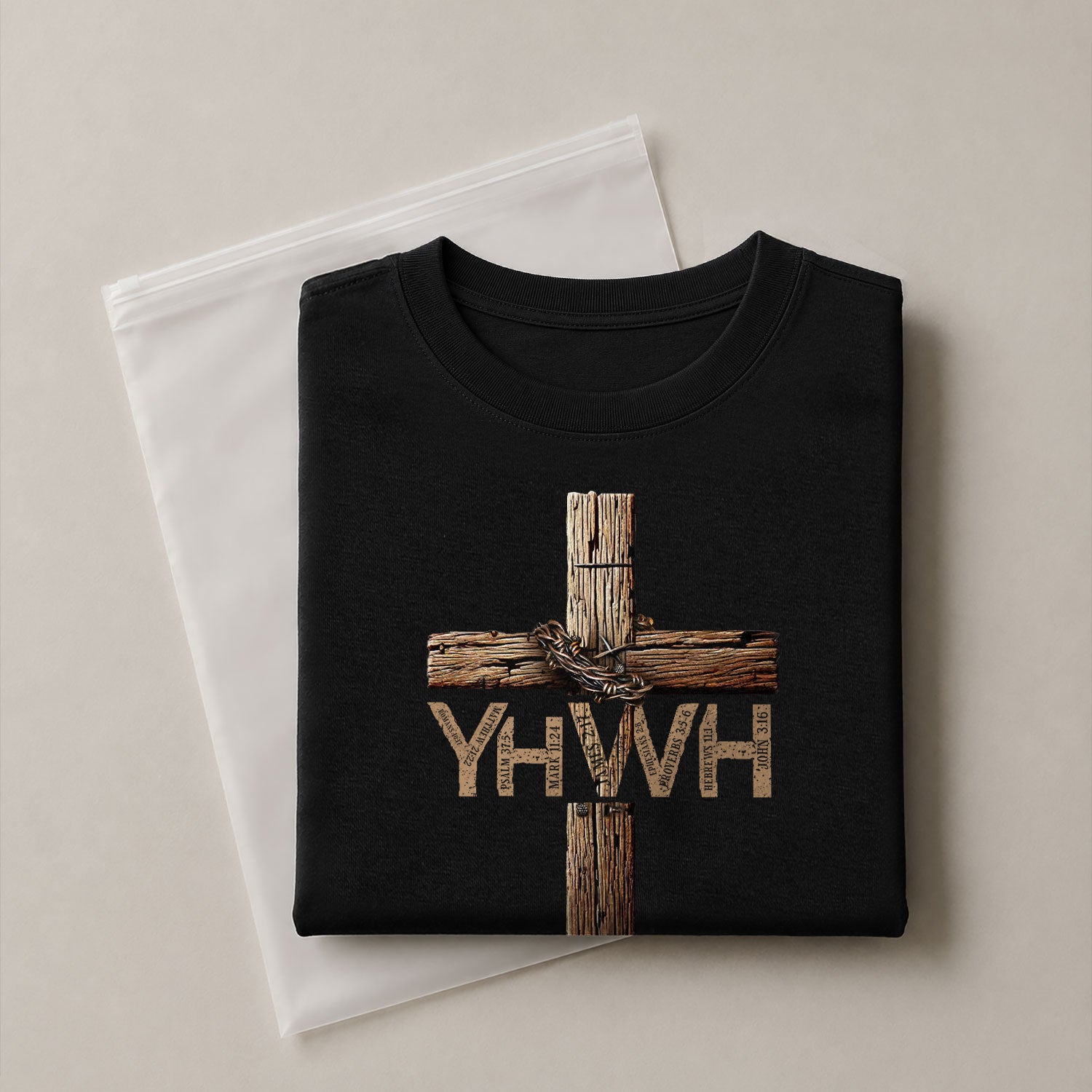 Faith Based Christian Tee Shirts, YHWH Wooden Cross with Crown of Thorns Christian - Christian Shirts for Men - Rust Field Wear