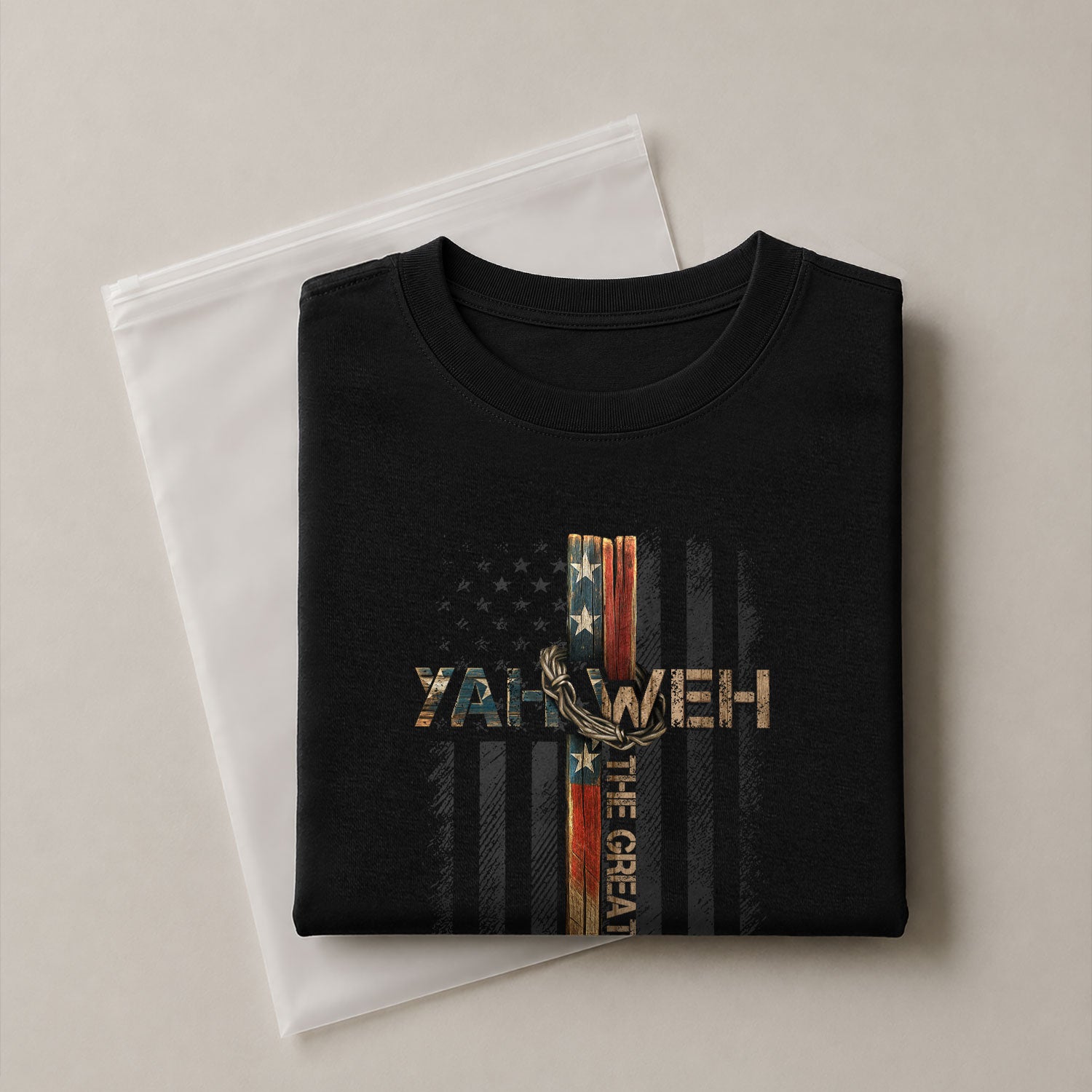 Faith Based Christian Tee Shirts, Yahweh The Great I Am American Flag Cross - Christian Shirts for Men - Rust Field Wear
