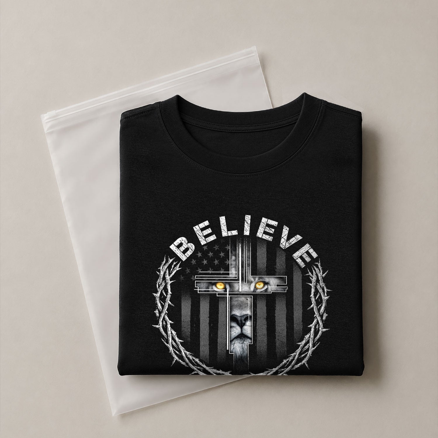 Believe Lion Cross Crown of Thorns Christian, Christian Tee Shirts - Faith Shirts for Men - Rust Field Wear