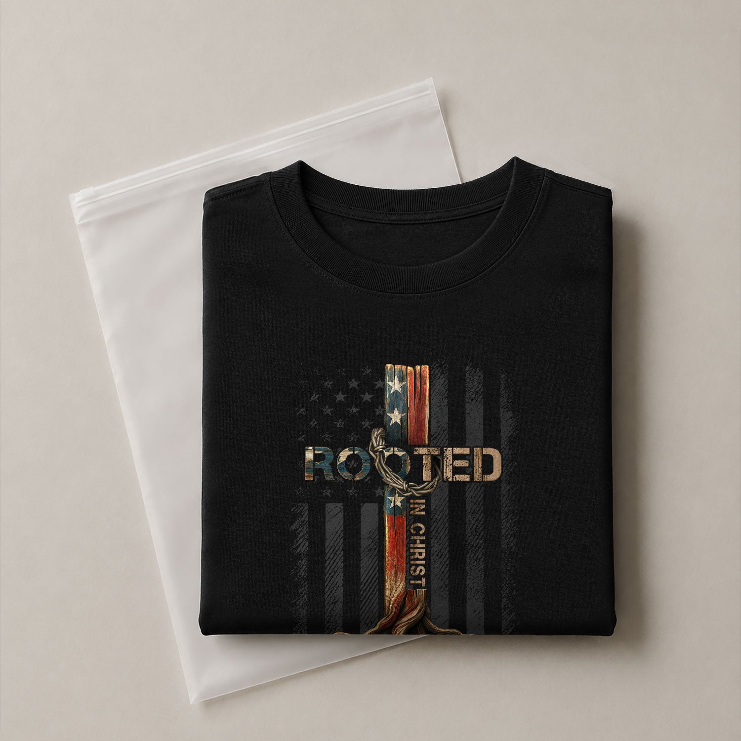 Rooted In Christ American Flag Cross - Christian Shirts for Men, Faith Based Christian Tee Shirts - Rust Field Wear