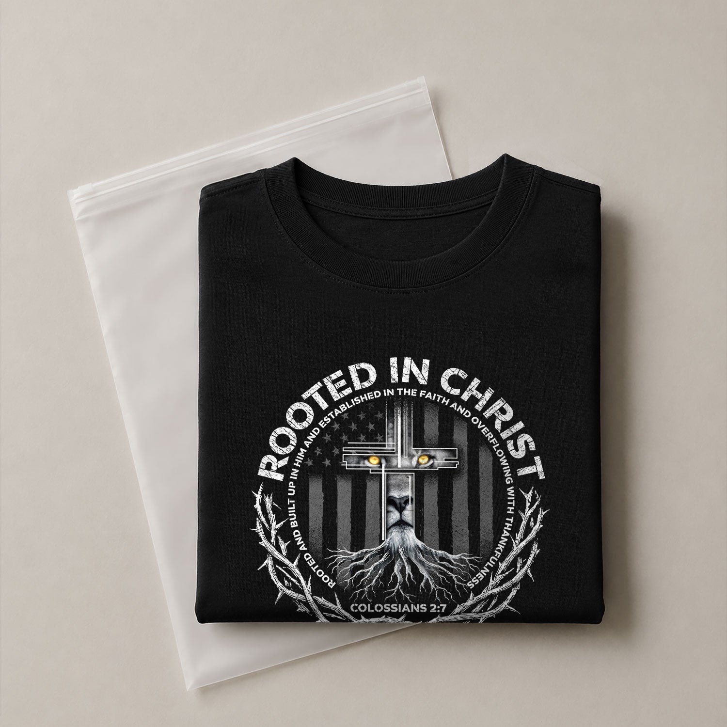 Rooted In Christ Colossians 2:7 Lion Cross - Christian Shirts for Men, Faith Based Christian Tee Shirts - Rust Field Wear