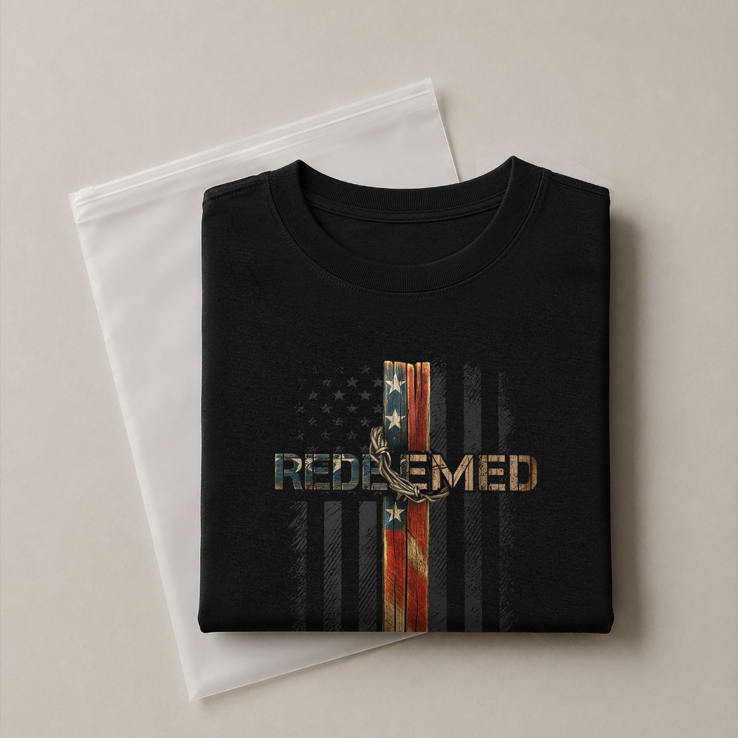 Christian Tee Shirts, Redeemed American Flag Cross Christian - Christian Shirts for Men - Rust Field Wear