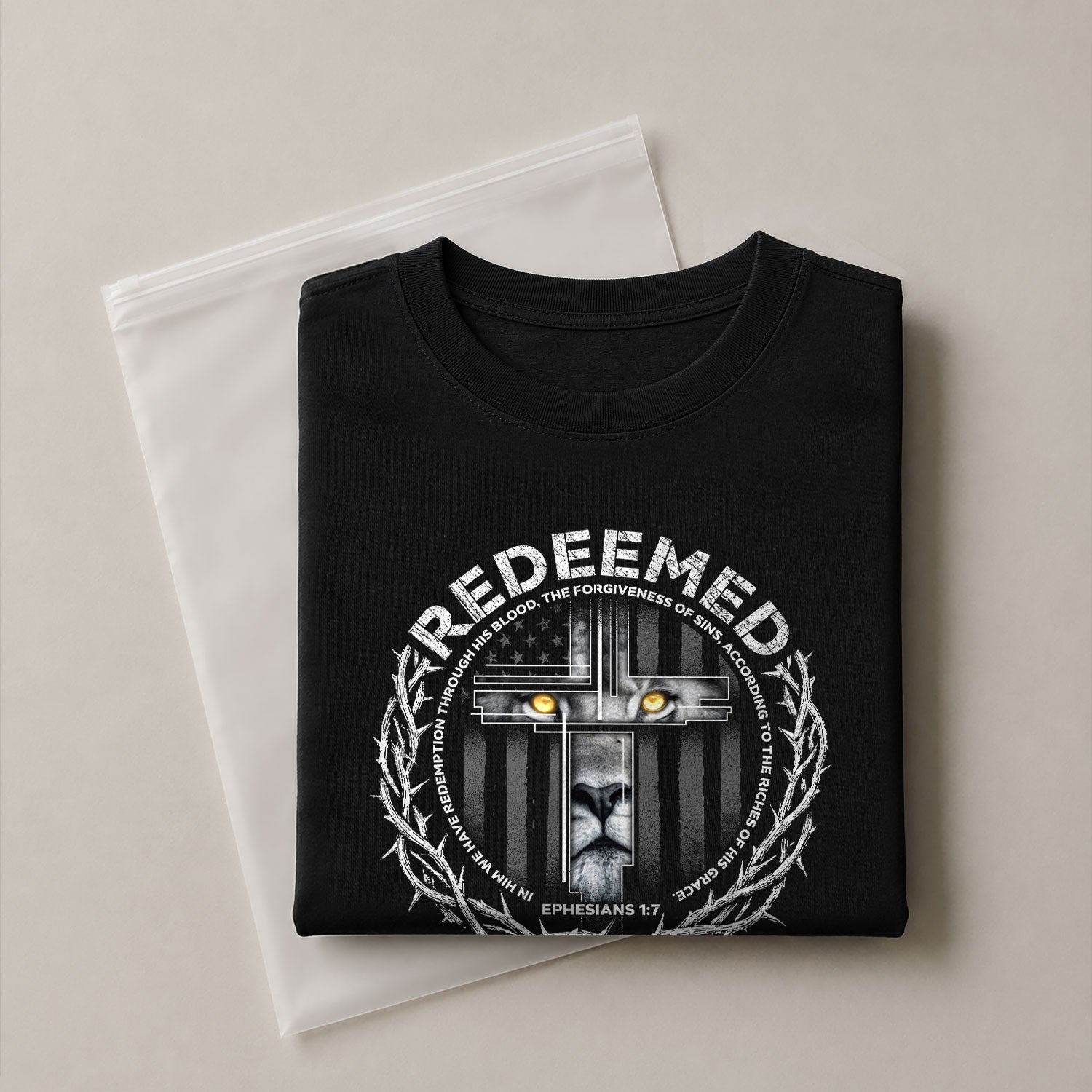 Faith Based Christian Tee Shirts, Redeemed Ephesians 1:7 Lion Cross Christian - Christian Shirts for Men - Rust Field Wear
