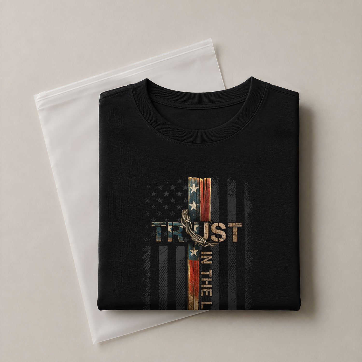 Trust In The Lord American Flag Cross - Christian Tee Shirts, Christian Shirts for Men - Rust Field Wear