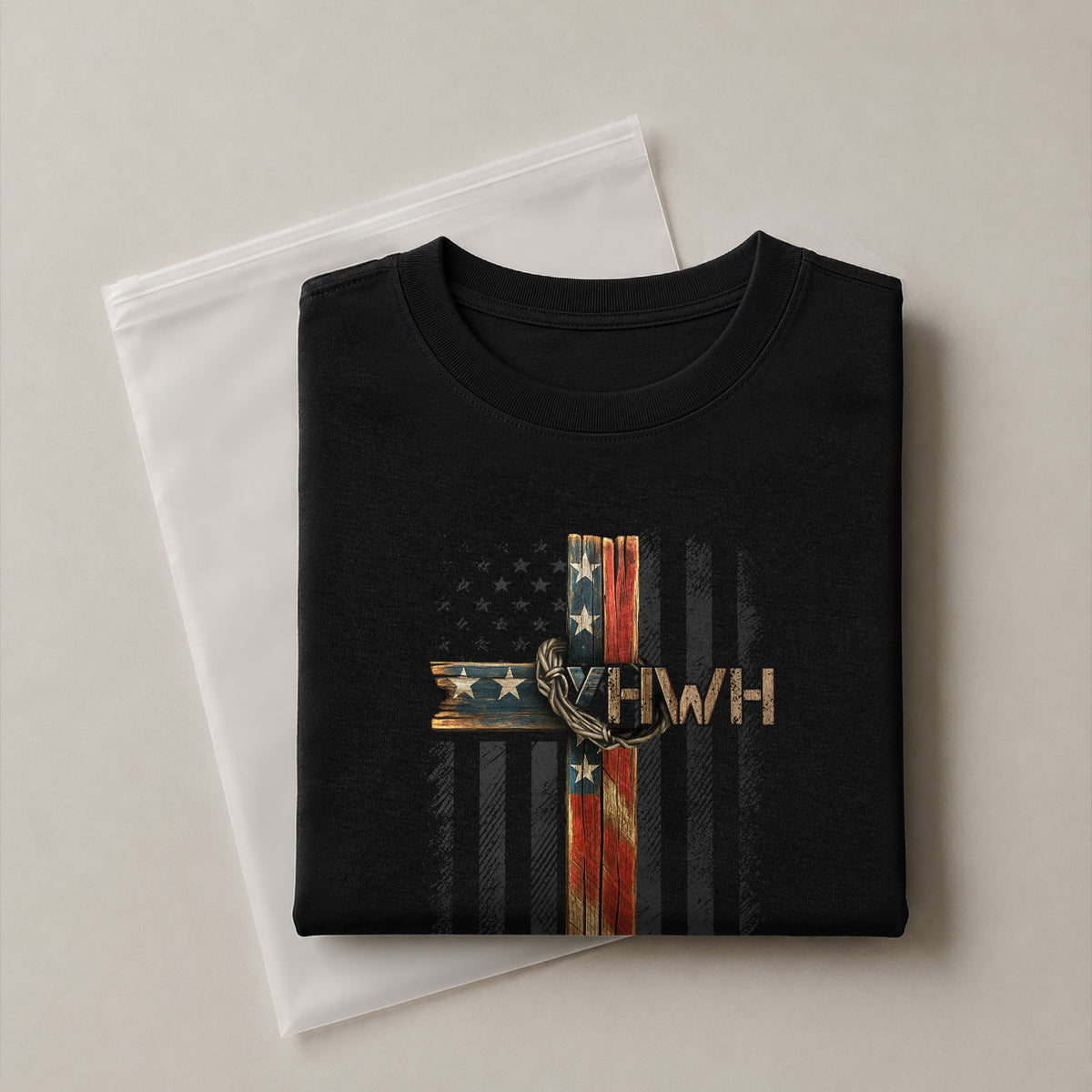 Christian Shirts for Men, YHWH American Flag Cross Christian - Christian Tee Shirts - Rust Field Wear