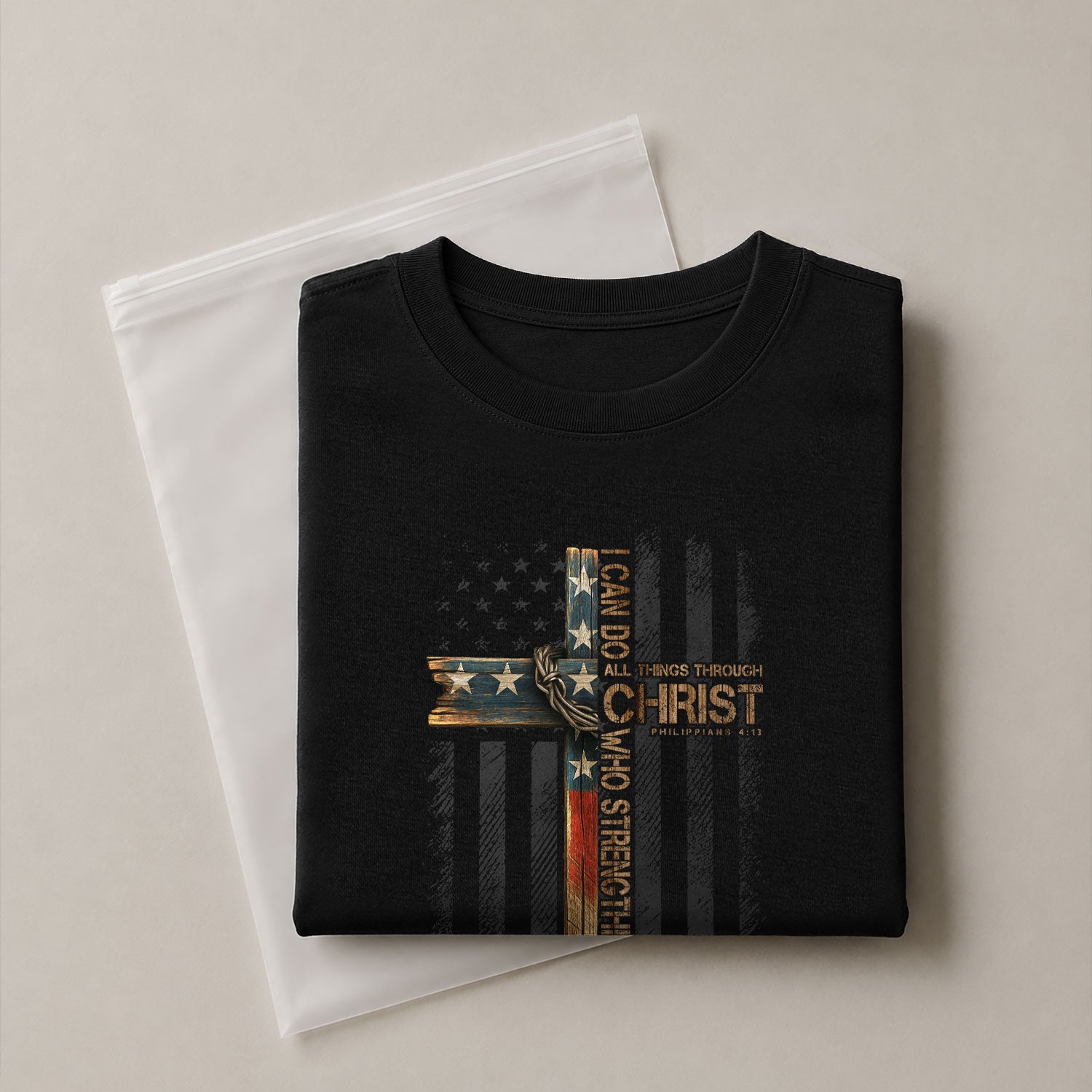 Christian Tee Shirts, I Can Do All Things Through Christ American Flag Cross - Christian Shirts for Men - Rust Field Wear