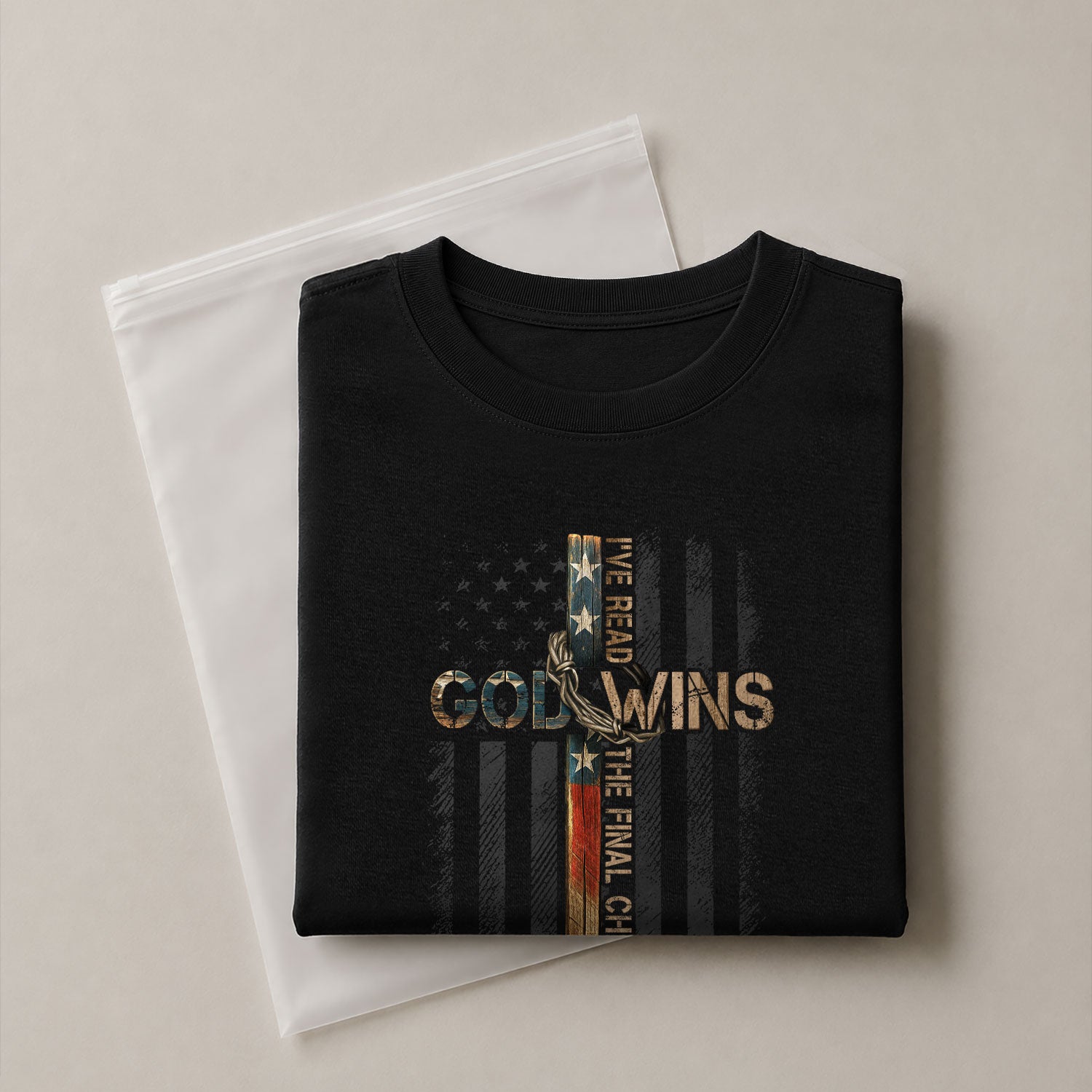 Faith Based Christian Tee Shirts, God Wins American Flag Cross Christian - Christian Shirts for Men - Rust Field Wear