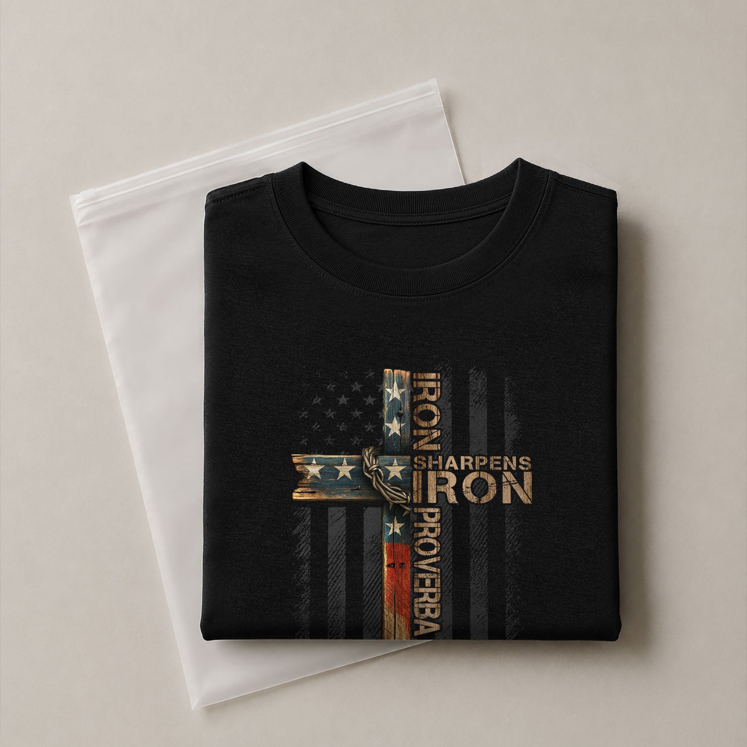 Christian Shirts for Men - Iron Sharpens Iron American Flag Cross, Christian Tee Shirts - Rust Field Wear