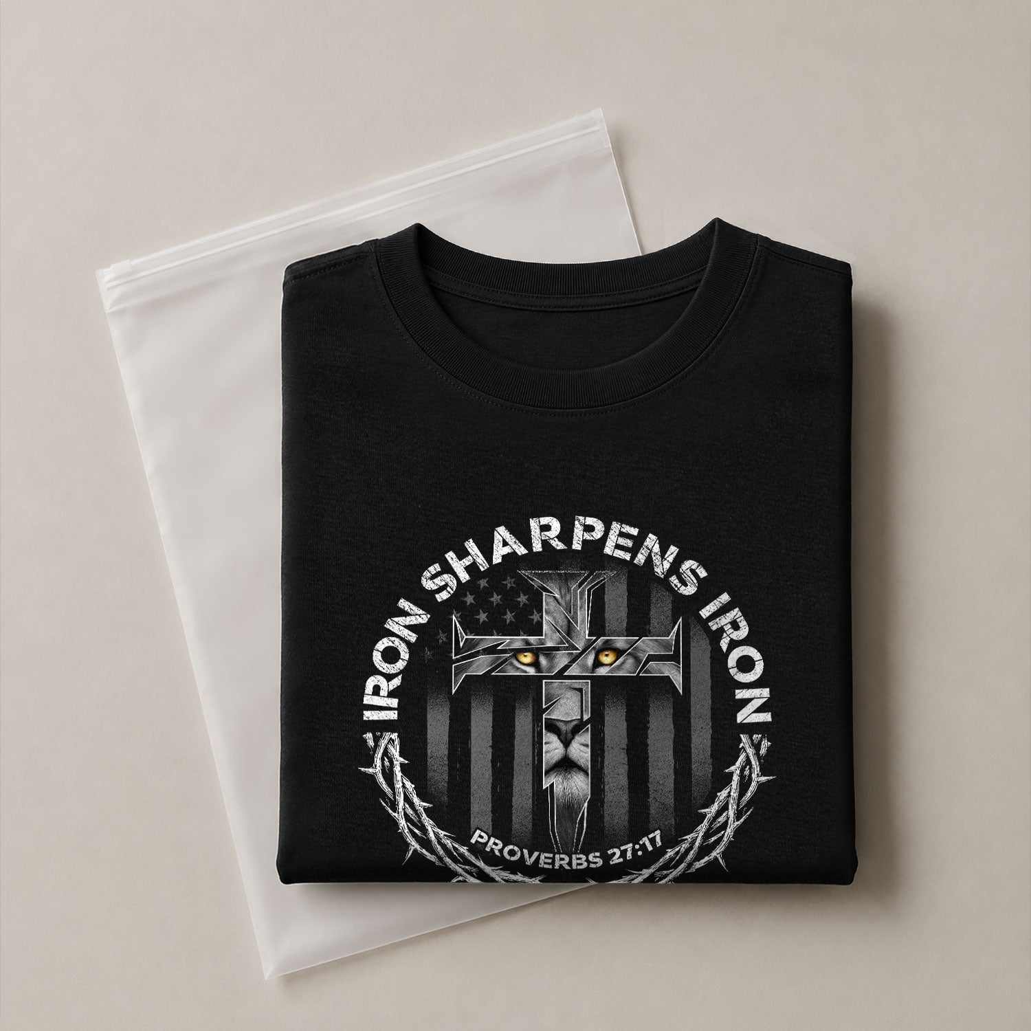 Christian Shirts for Men, Iron Sharpens Iron Proverbs 27:17 Lion Cross - Christian Tee Shirts - Rust Field Wear