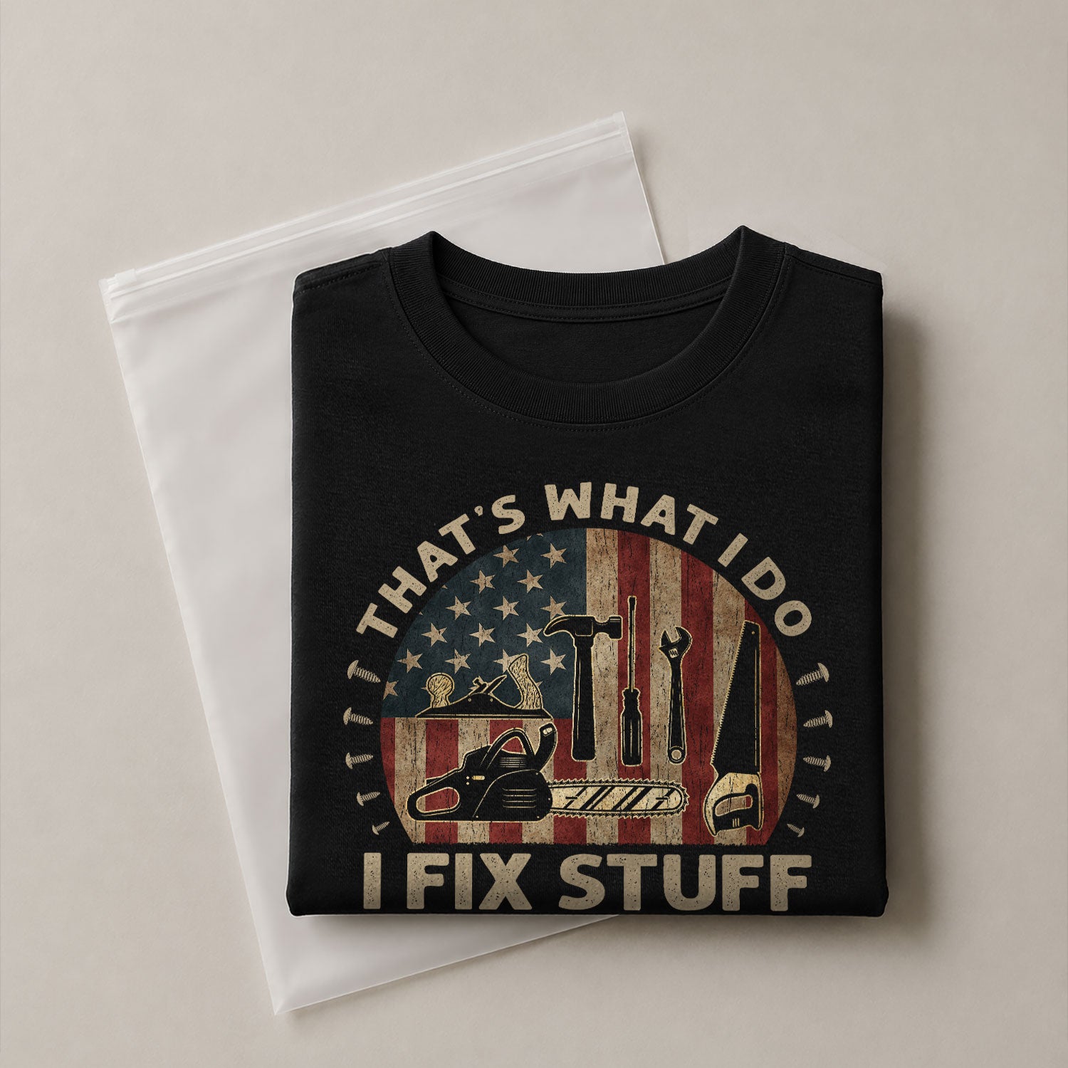 Men Woodworking Tool Graphic T-Shirt I Fix Stuff And I Know Things Chainsaw Flag Tee