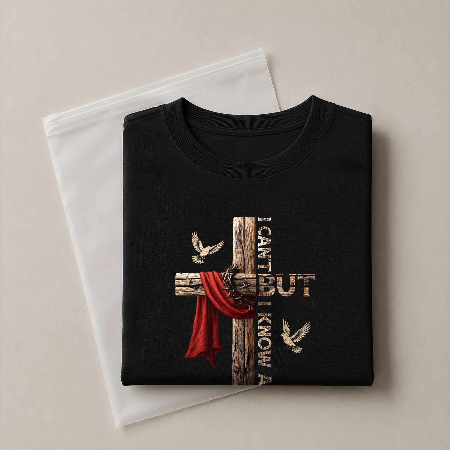 Faith Based Christian Tee Shirts, I Can’t But I Know A Guy Cross With Red Cloth and Doves - Christian Shirts for Men - Rust Field Wear