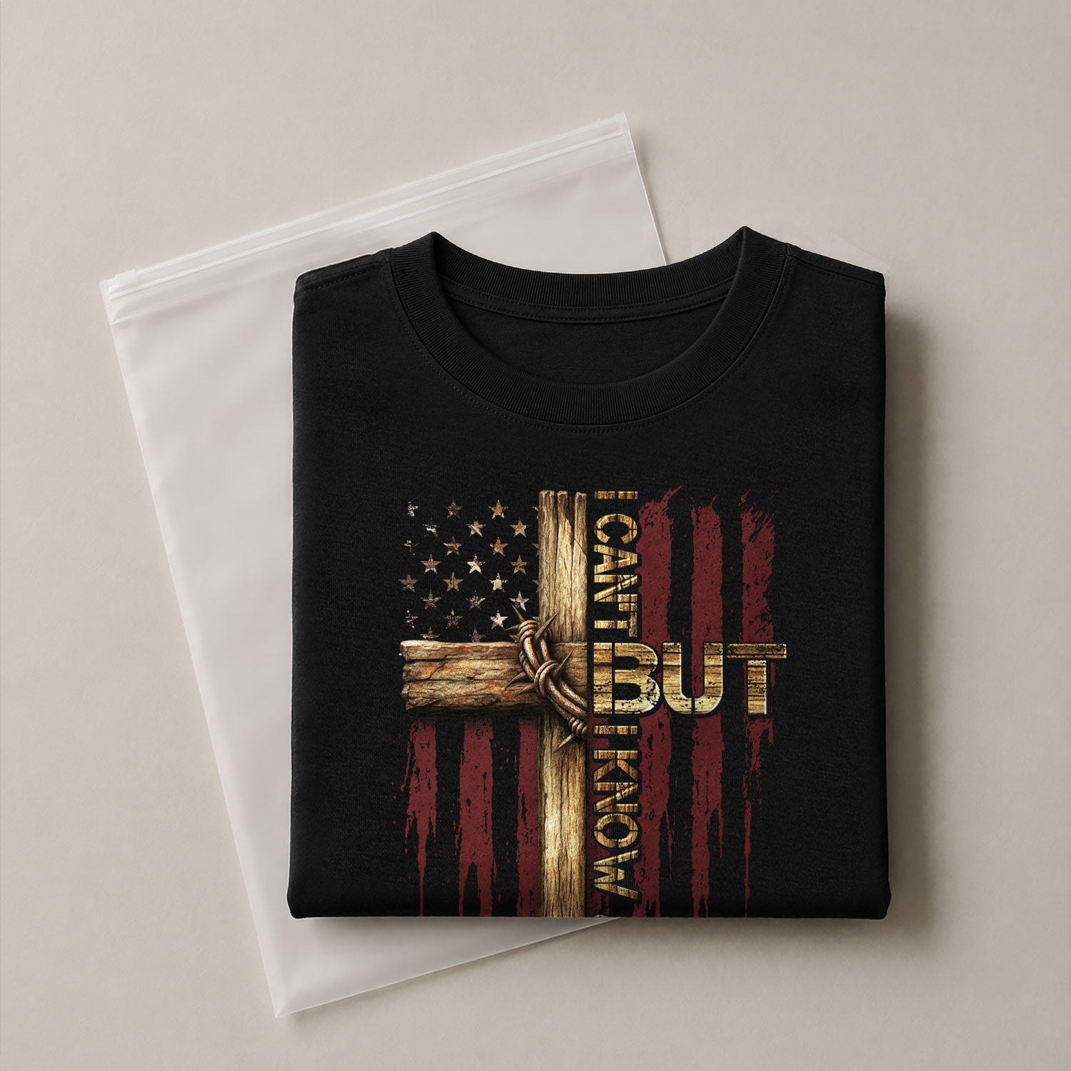 Christian Tee Shirts, I Can’t But I Know a Guy Cross and American Flag Christian - Christian Shirts for Men - Rust Field Wear