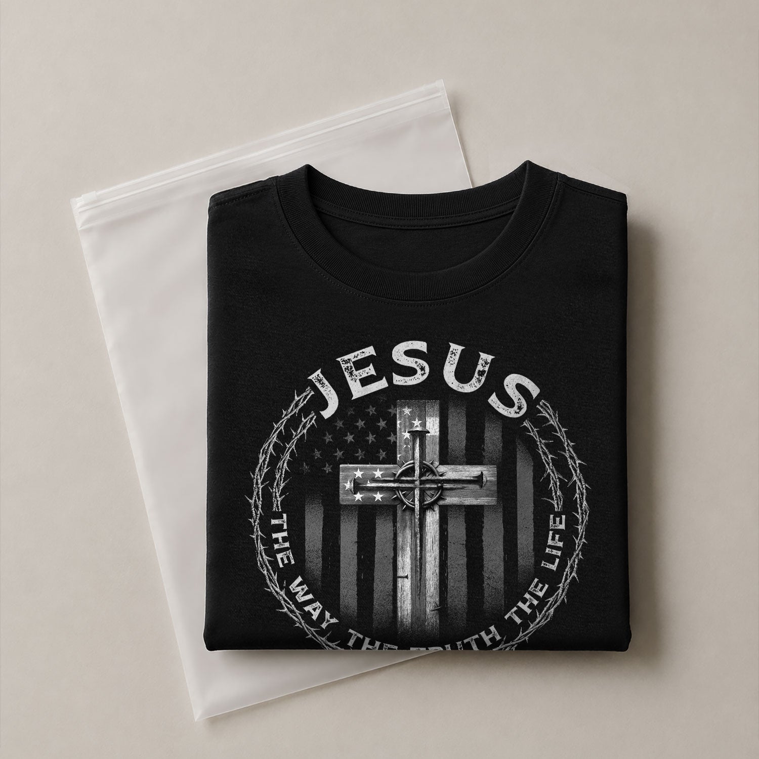 Faith Based Christian Tee Shirts, Jesus Cross American Flag The Way The Truth The Life - Christian Shirts for Men - Rust Field Wear