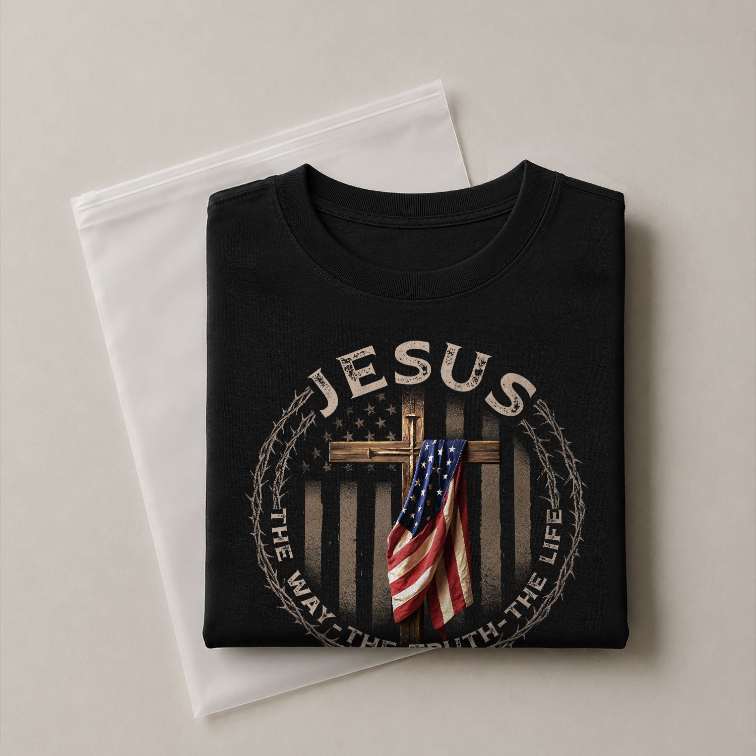 Christian Shirts for Men, Jesus The Way The Truth The Life American Flag Cross and Crown of Thorns - Christian Tee Shirts - Rust Field Wear
