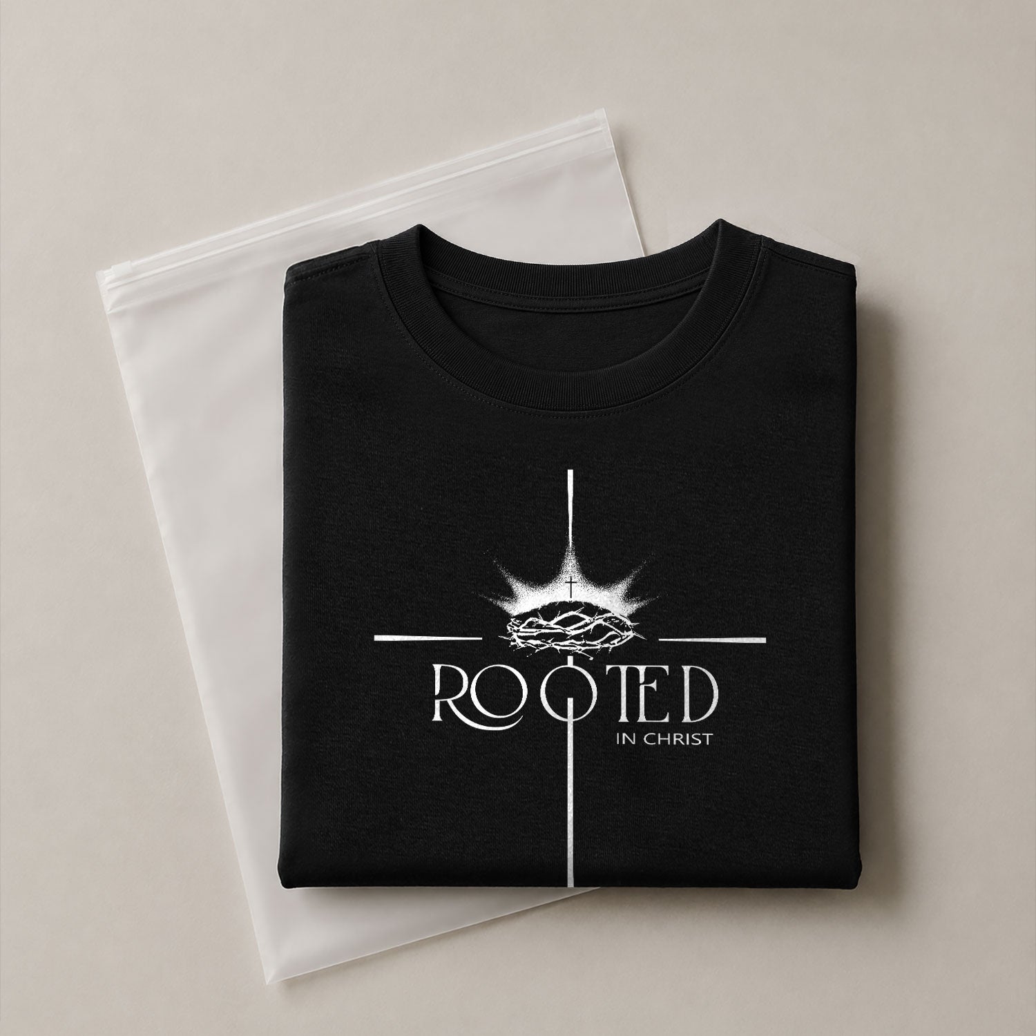 Faith Based Christian Tee Shirts, Rooted In Christ Christian With Crown Of Thorns And Cross Roots - Christian Shirts for Men - Rust Field Wear