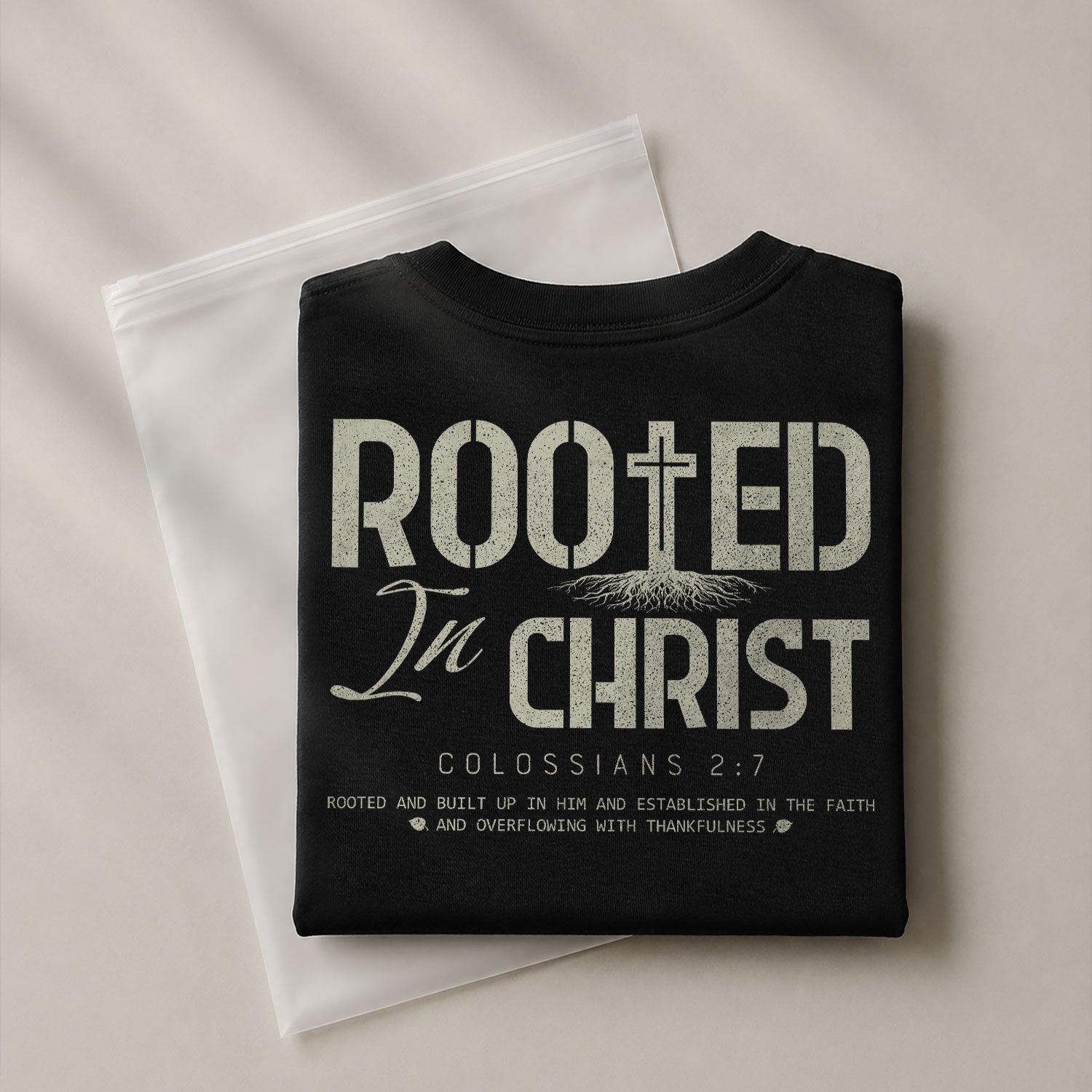 Rooted In Christ Colossians 2 7 Christian With Cross And Roots - Christian Tee Shirts, Christian Shirts for Men - Rust Field Wear