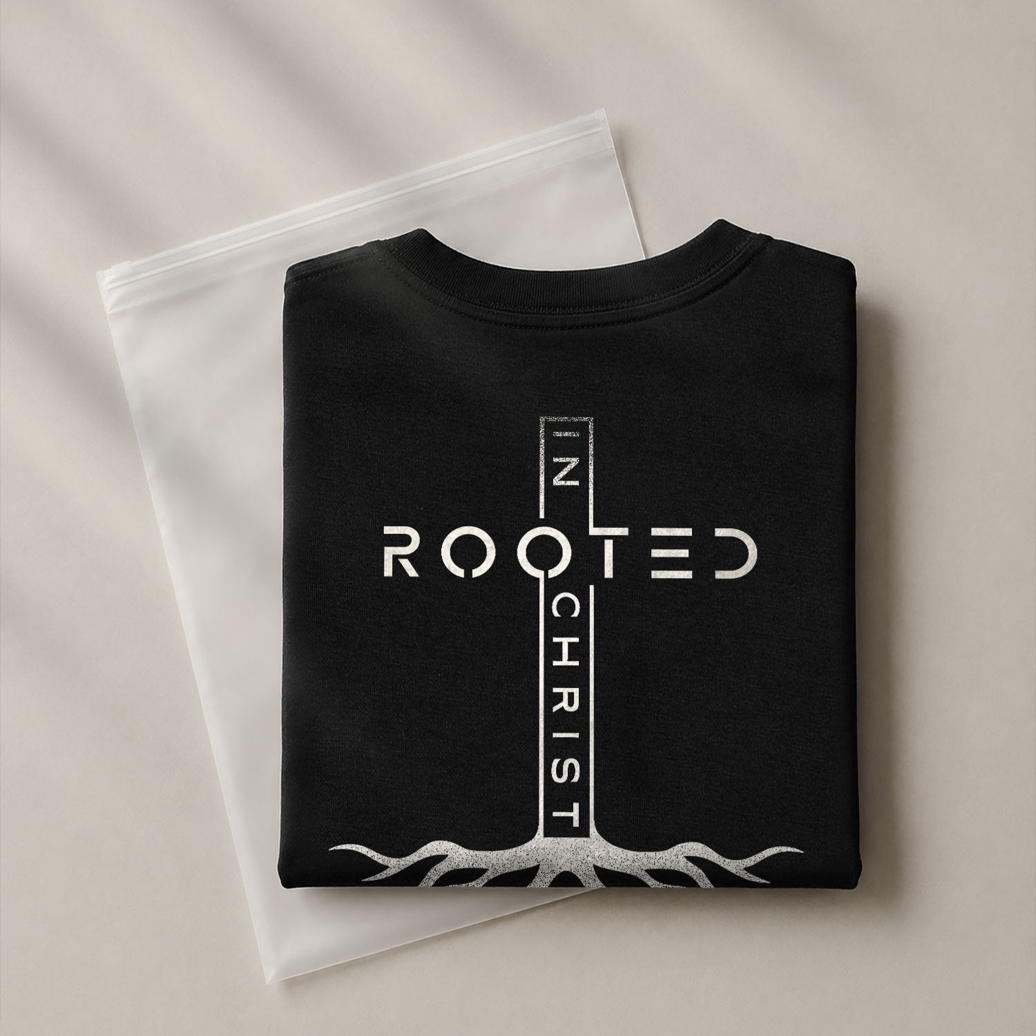 Christian Shirts for Men - Rooted In Christ Vertical Cross Roots Back Print Christian, Christian Tee Shirts - Rust Field Wear