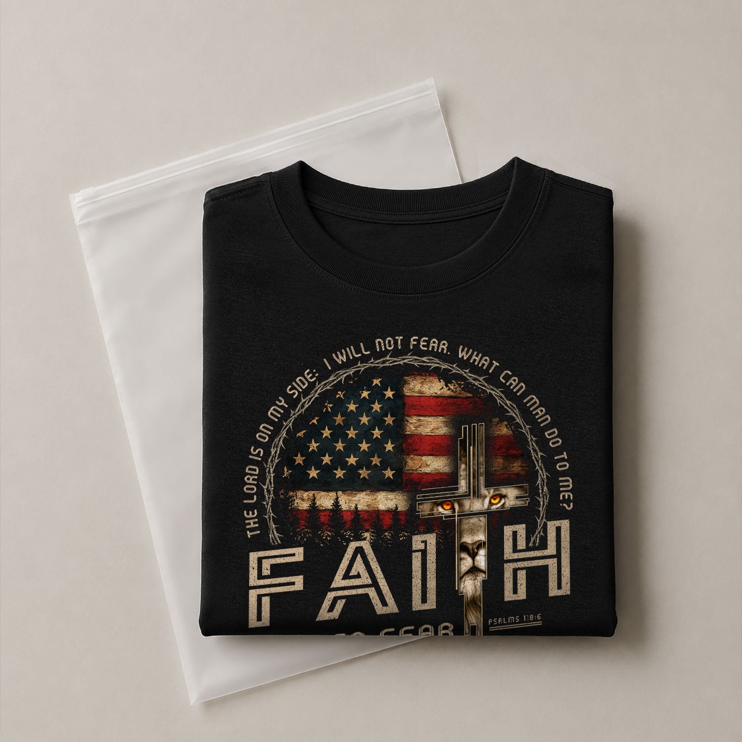 Faith Over Fear Psalms 118:6 Lion Cross American Flag Christian, Christian Shirts for Men - Christian Tee Shirts - Rust Field Wear