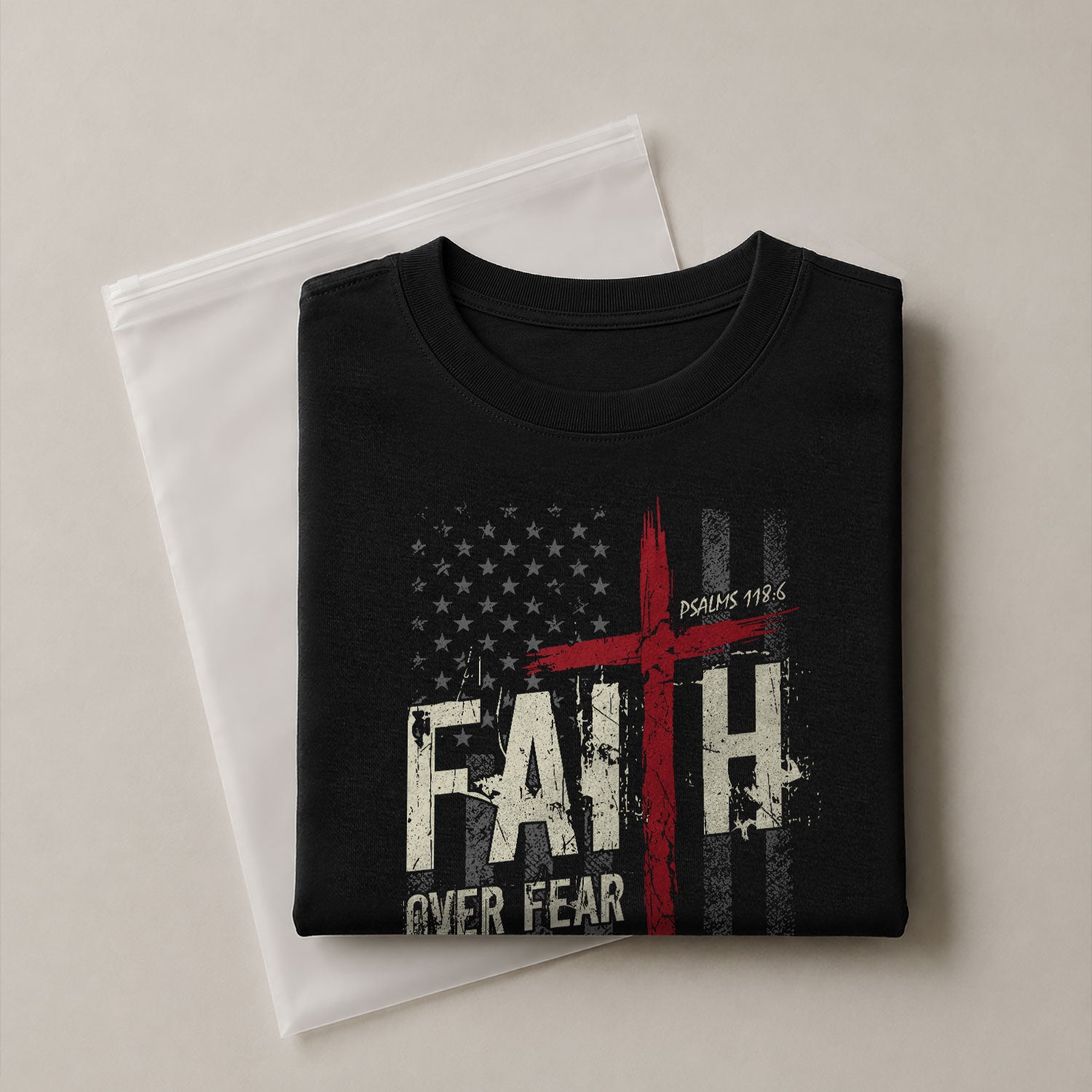 Christian Tee Shirts, Faith Over Fear Psalms 118:6 Red Cross American Flag Christian - Christian Shirts for Men - Rust Field Wear