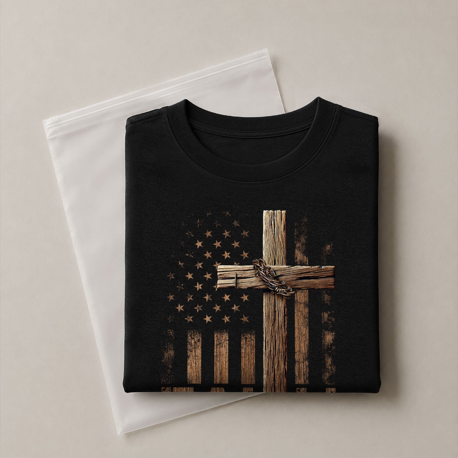 Faith Over Fear Wooden Cross American Flag Christian - Christian Shirts for Men, Faith Based Christian Tee Shirts - Rust Field Wear