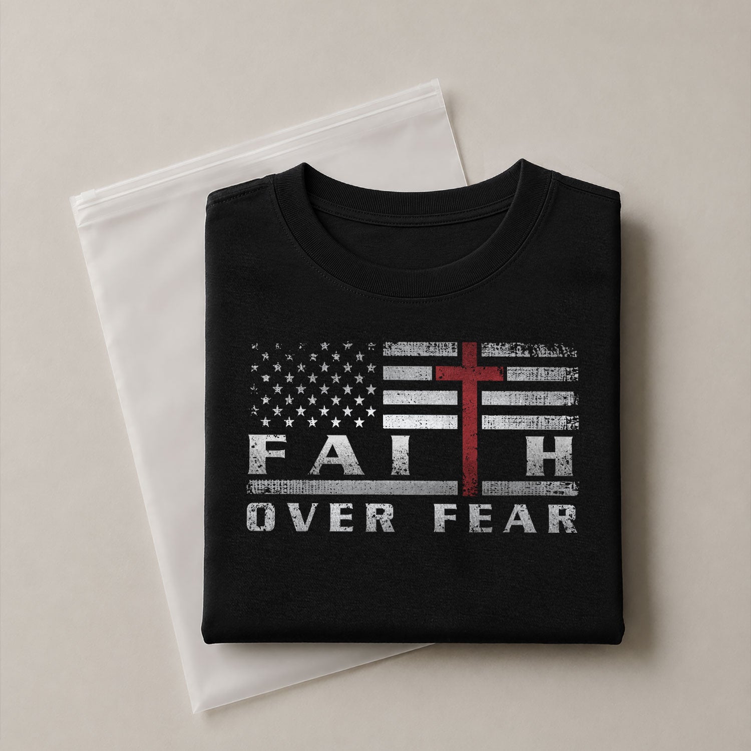 Faith Over Fear USA Flag Red Cross Christian - Christian Tee Shirts, Christian Shirts for Men - Rust Field Wear