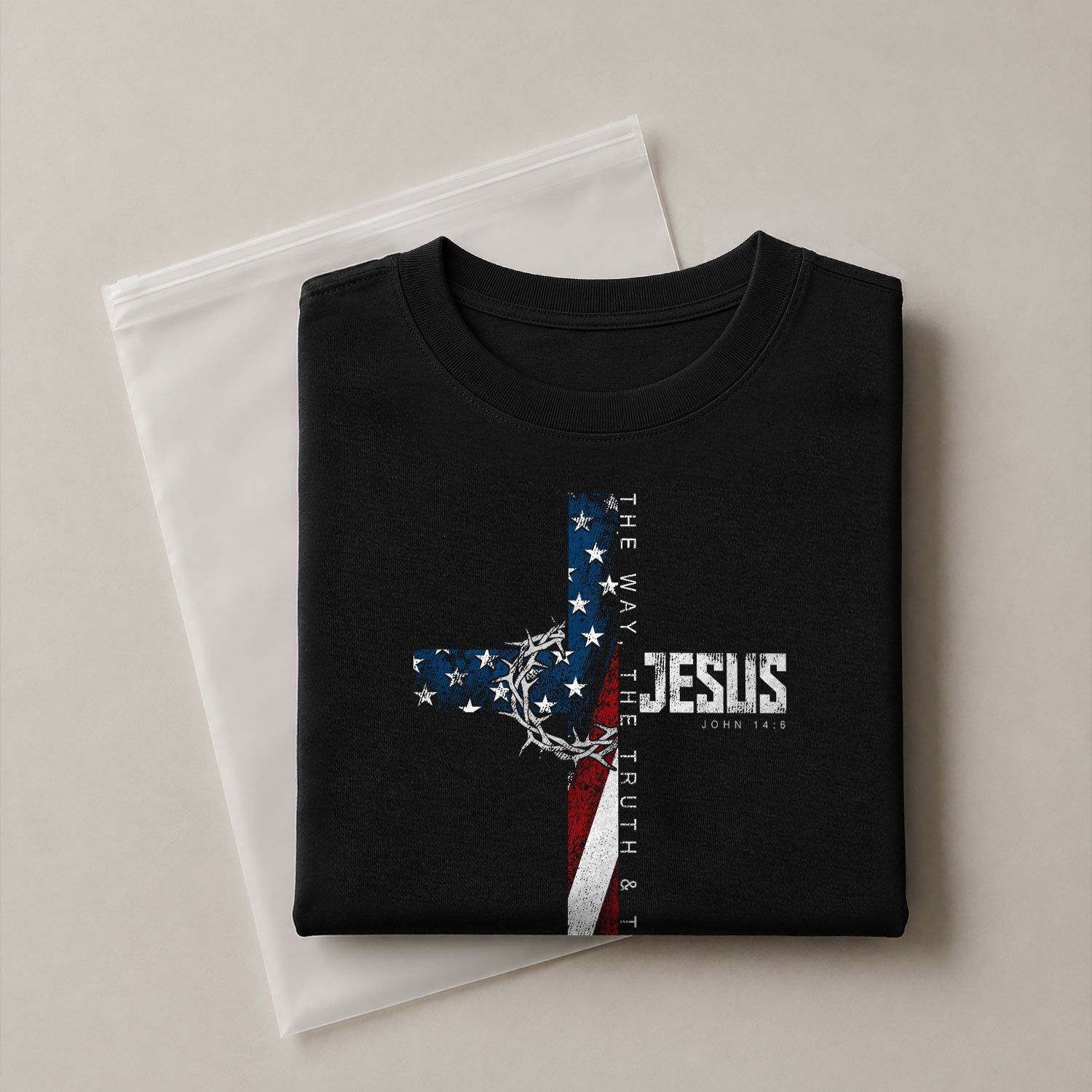 Christian Shirts for Men, Jesus John 14:6 American Flag Cross Crown Christian - Christian Tee Shirts - Rust Field Wear