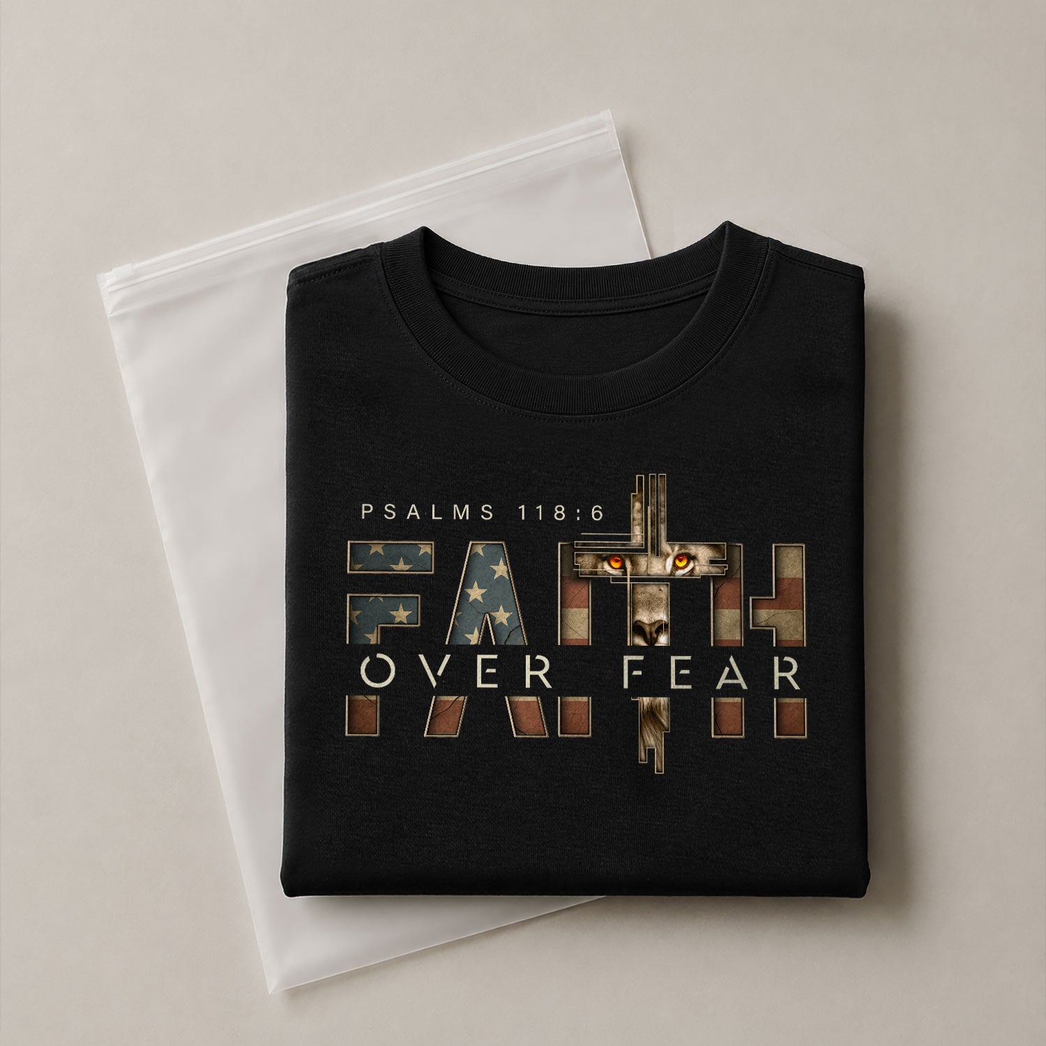 Faith Over Fear Lion Cross American Flag Psalms 118:6 Christian, Christian Tee Shirts - Faith Shirts for Men - Rust Field Wear