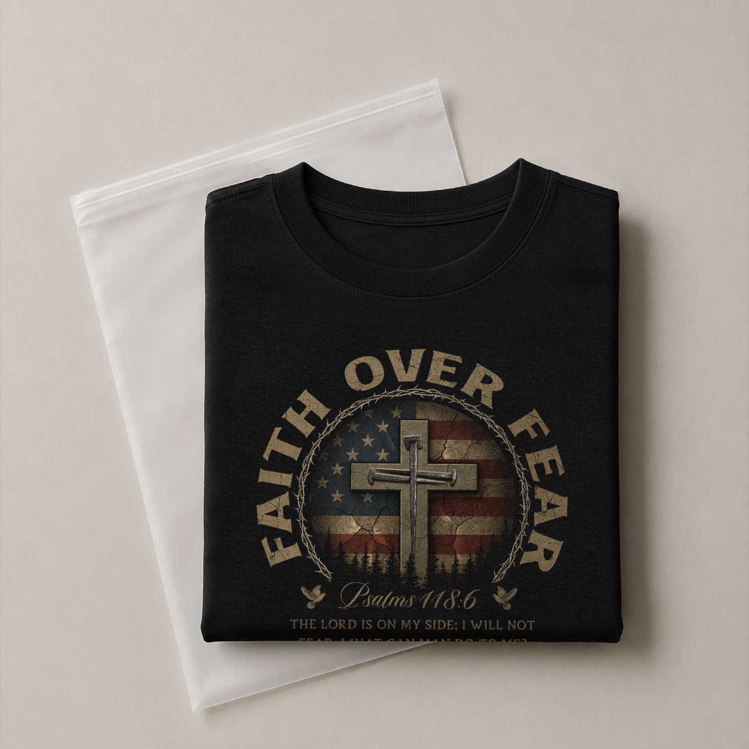 Faith Based Christian Tee Shirts, Faith Over Fear Cross American Flag Vintage Psalms 118:6 Christian - Christian Shirts for Men - Rust Field Wear