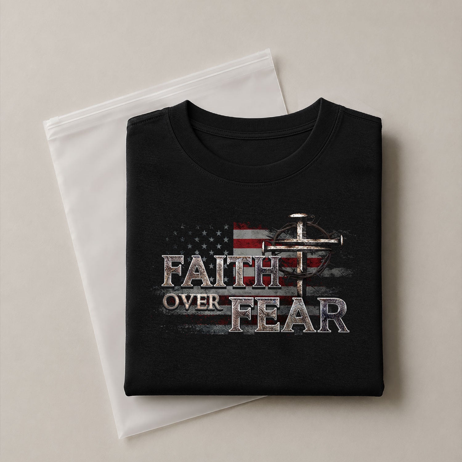 Christian Tee Shirts, Faith Over Fear Christian American Flag Cross Shield Design - Christian Shirts for Men - Rust Field Wear